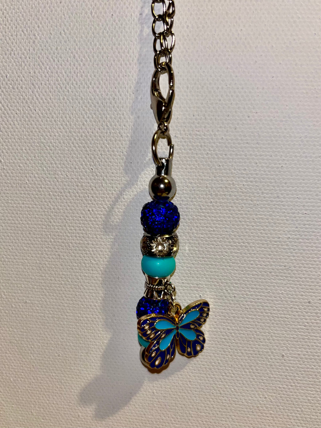 Silver/Turquoise Beaded Cup Charm w/Blue Rhinestone Accents & Enamel Butterfly
