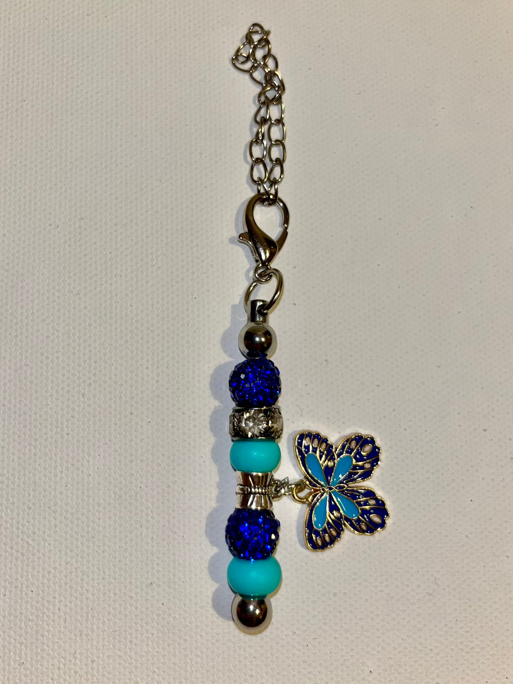 Silver/Turquoise Beaded Cup Charm w/Blue Rhinestone Accents & Enamel Butterfly