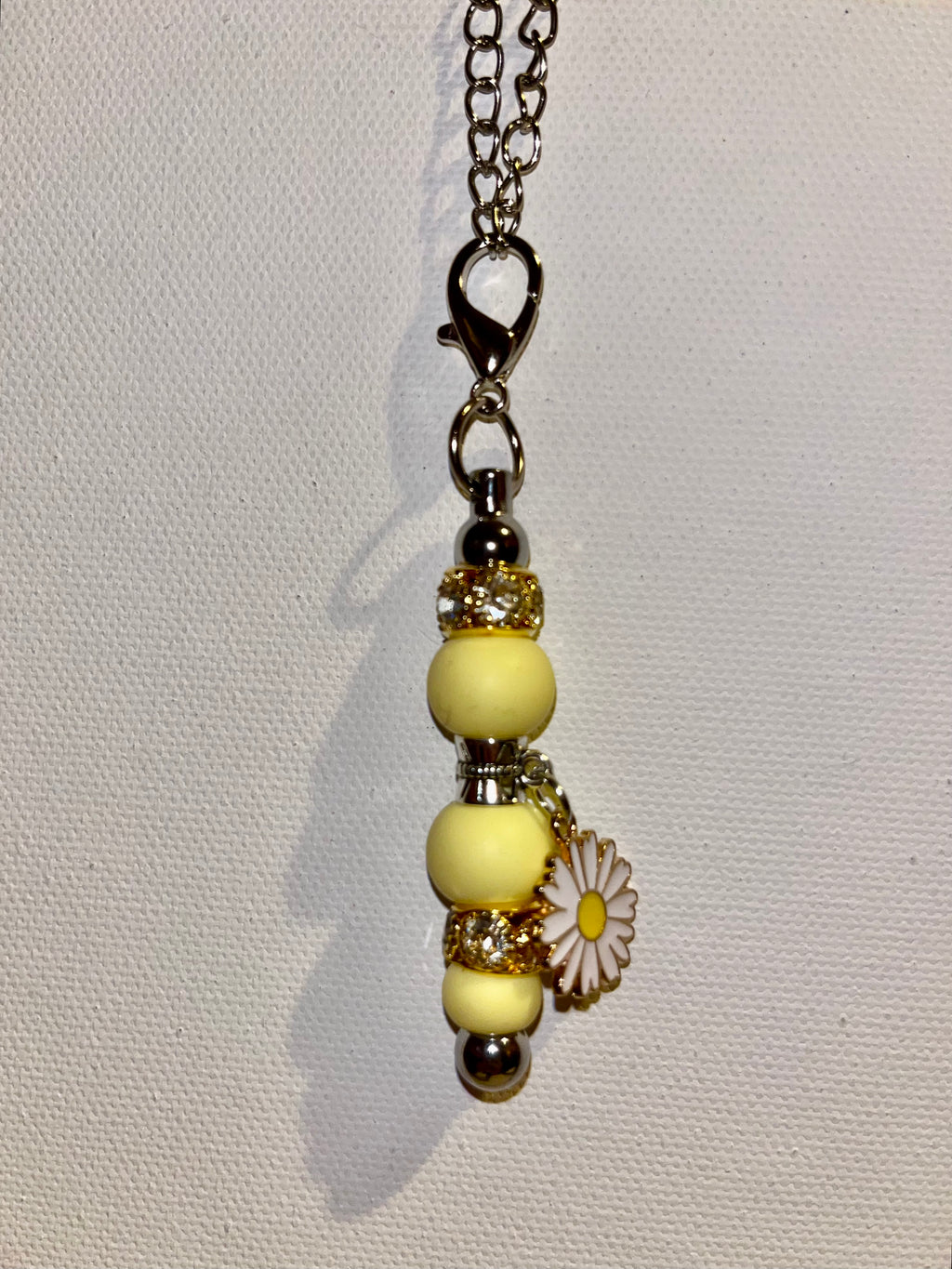 Yellow Beaded Cup Charm w/Gold & Rhinestone Accents & White Dangly Daisy Charm
