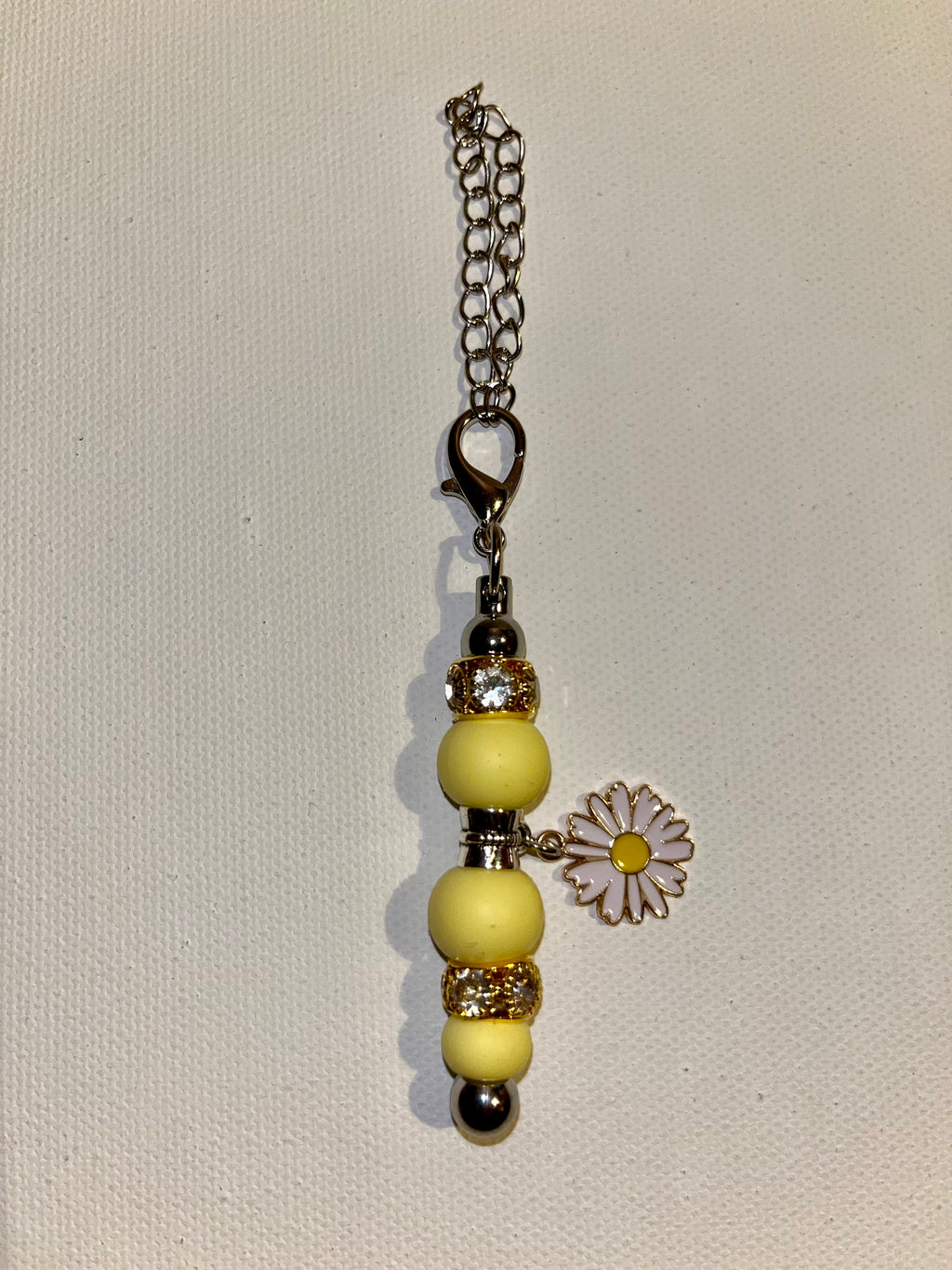Yellow Beaded Cup Charm w/Gold & Rhinestone Accents & White Dangly Daisy Charm