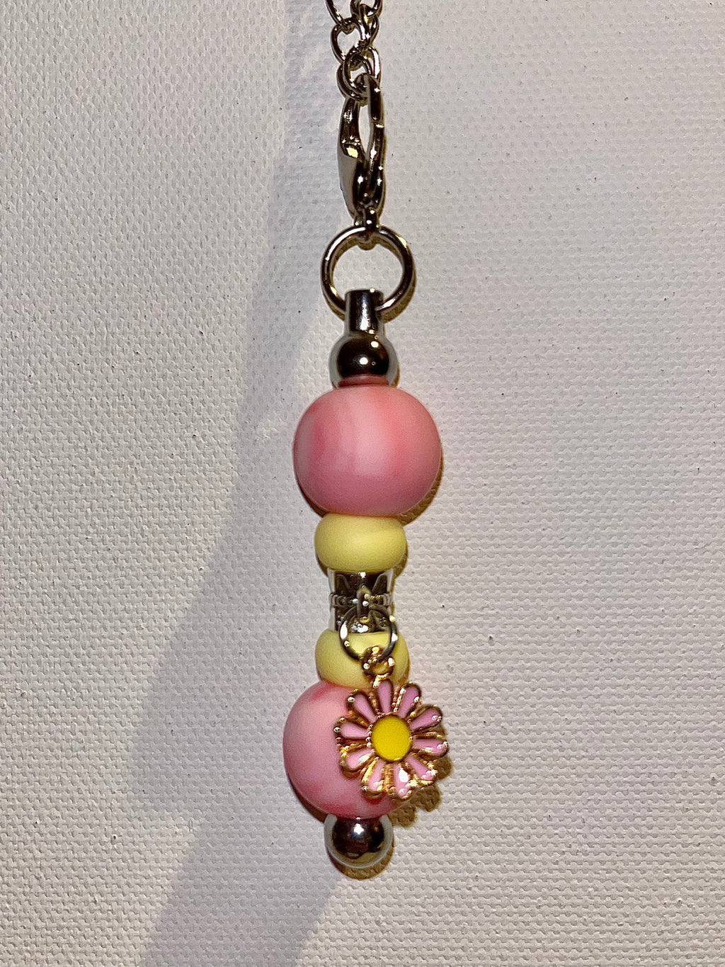 Pink Enamel Daisy Beaded Cup Charm w/Pink Marbled & Yellow Silicone Beads
