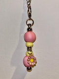 Pink Enamel Daisy Beaded Cup Charm w/Pink Marbled & Yellow Silicone Beads