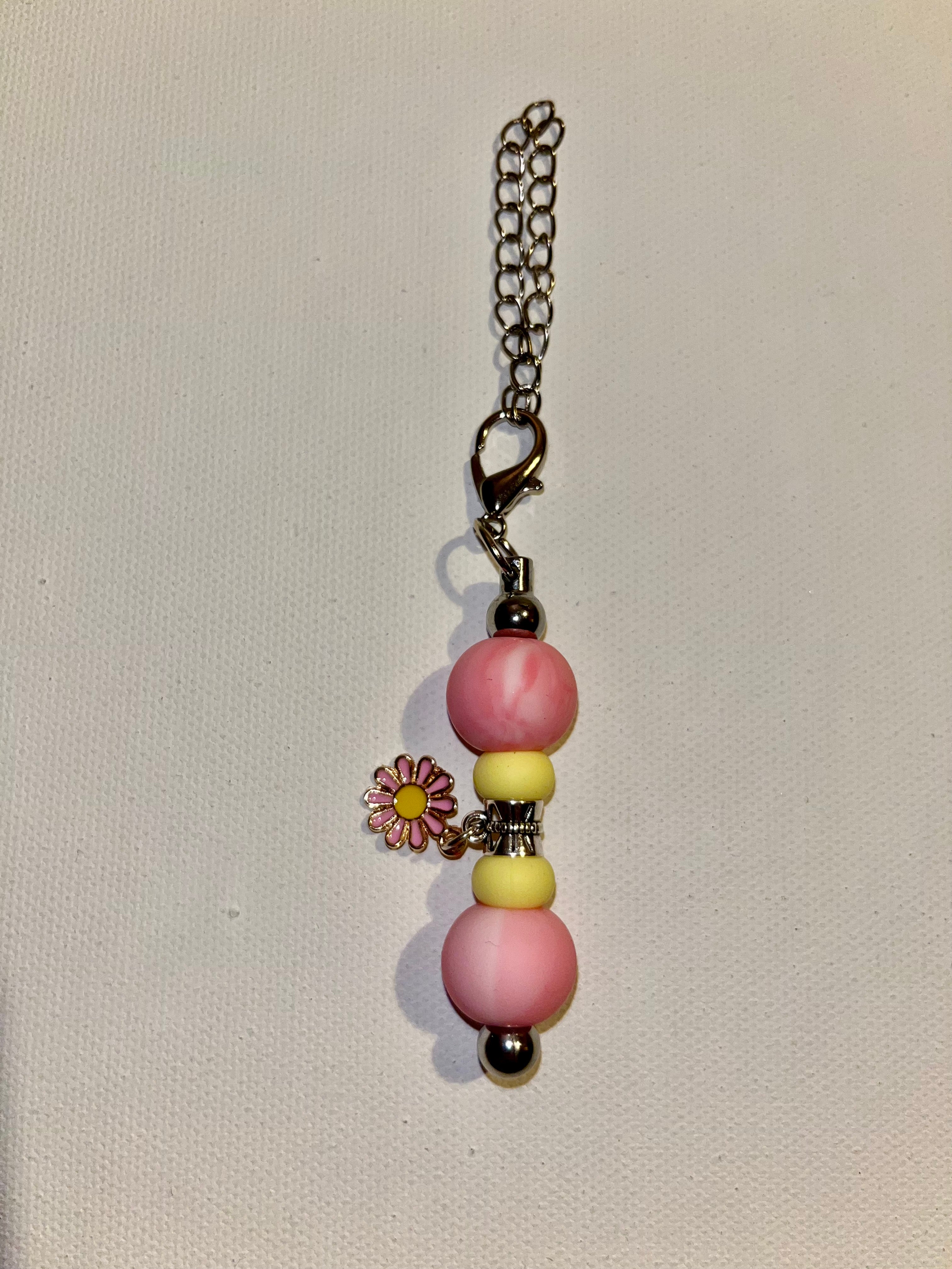 Pink Enamel Daisy Beaded Cup Charm w/Pink Marbled & Yellow Silicone Beads