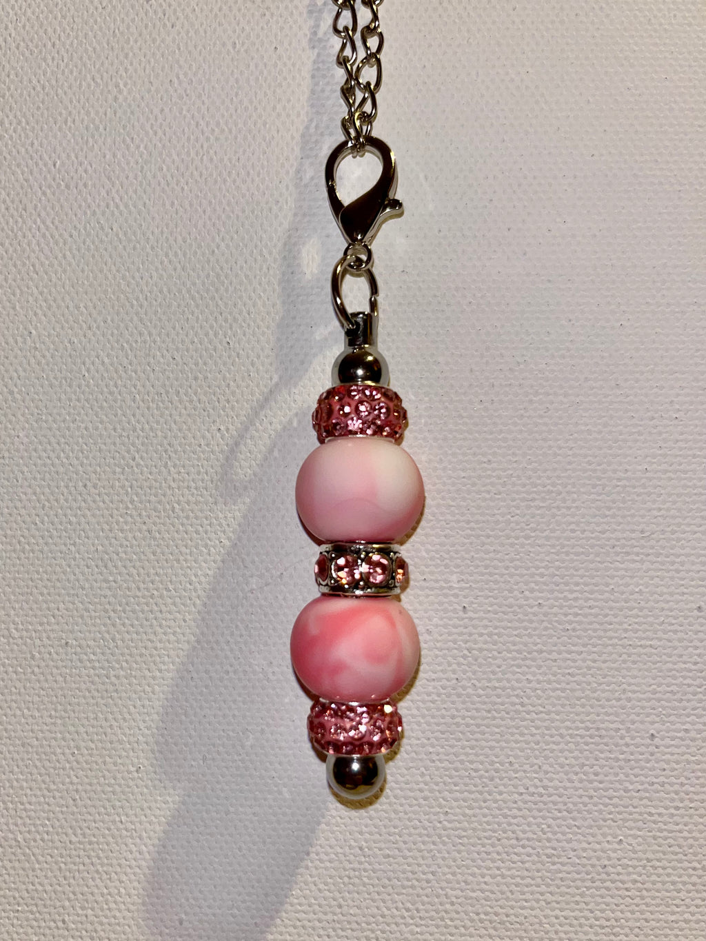 Delicate Pink Beaded Cup Charm w/Marbled Pink Beads & Pink Rhinestone Accents