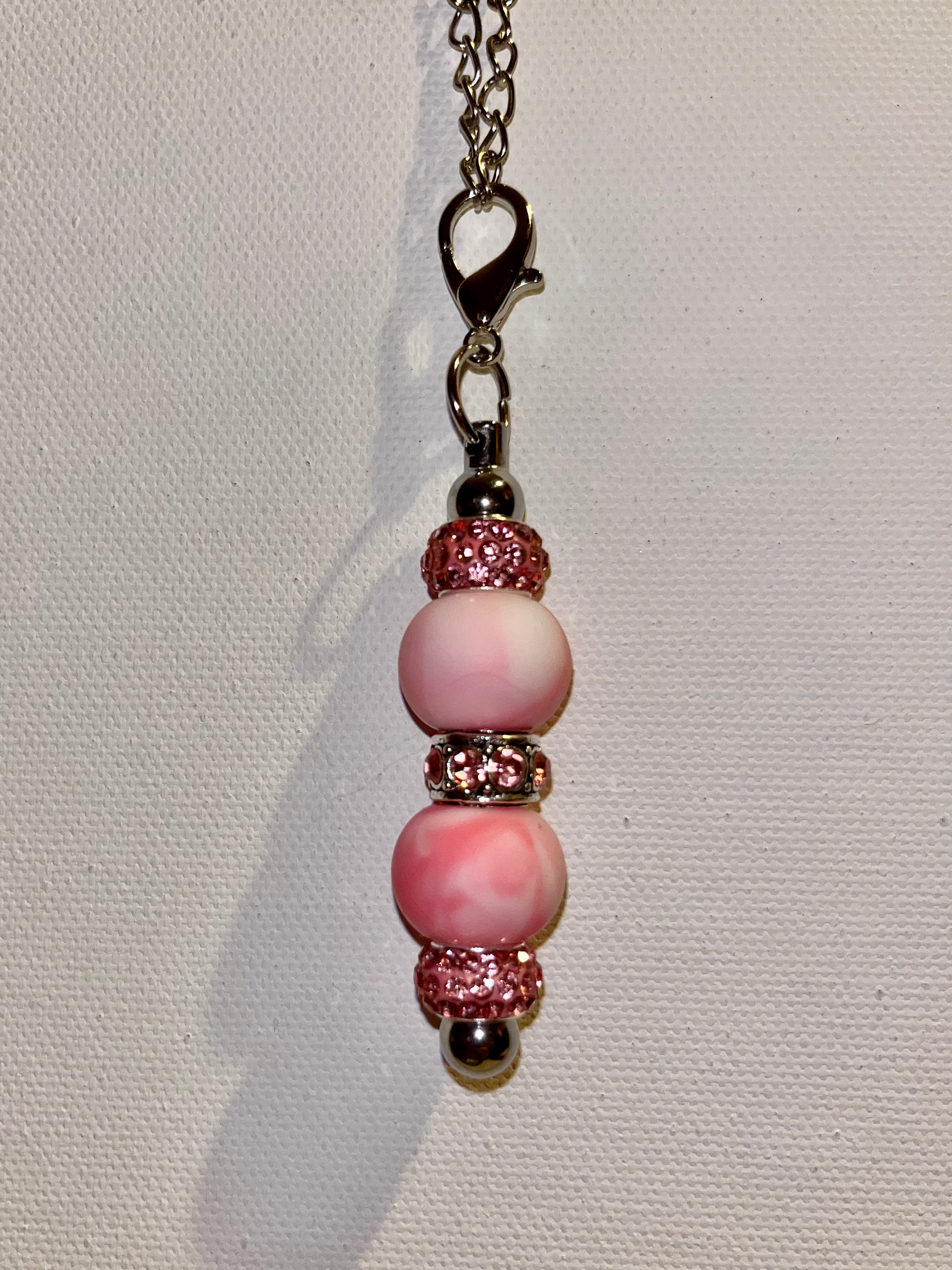 Delicate Pink Beaded Cup Charm w/Marbled Pink Beads & Pink Rhinestone Accents