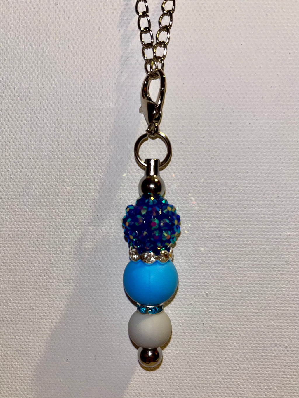 Silver Cup Charm w/Iridescent Blue Pavé Bead, White & Teal Rhinestone Accents