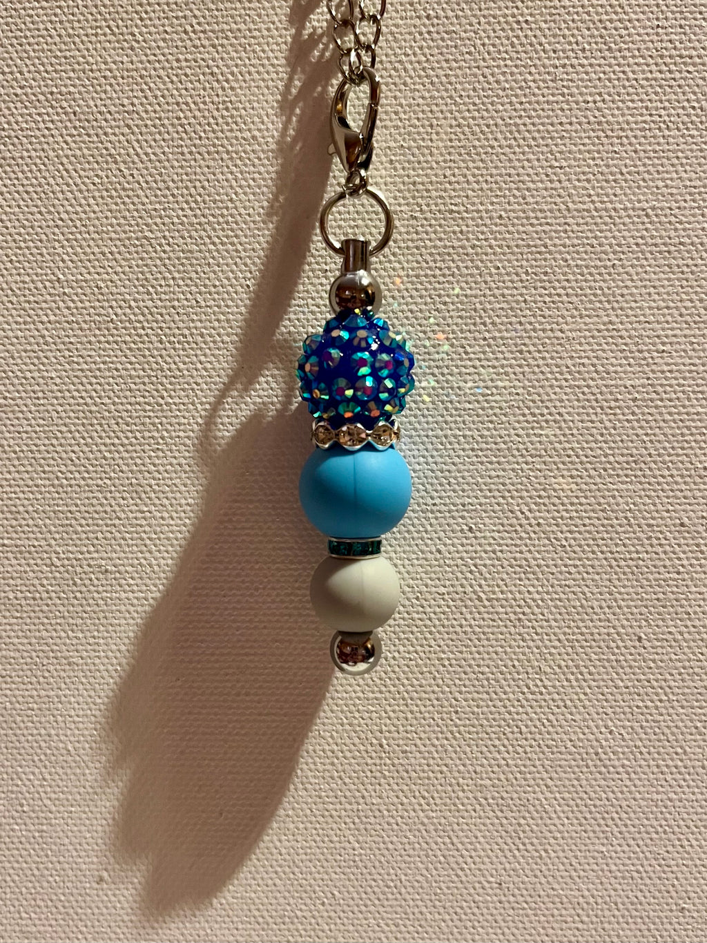 Silver Cup Charm w/Iridescent Blue Pavé Bead, White & Teal Rhinestone Accents