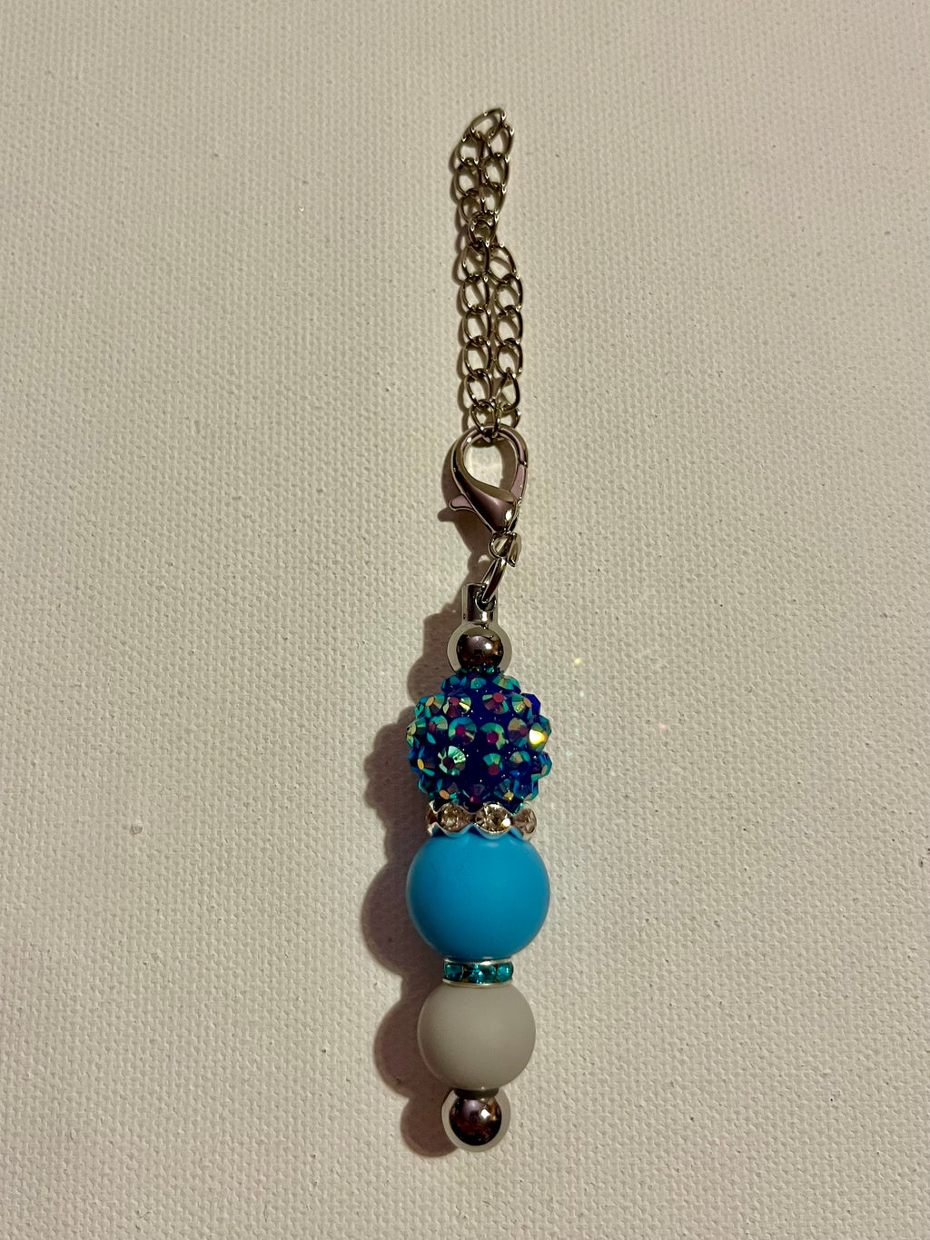 Silver Cup Charm w/Iridescent Blue Pavé Bead, White & Teal Rhinestone Accents