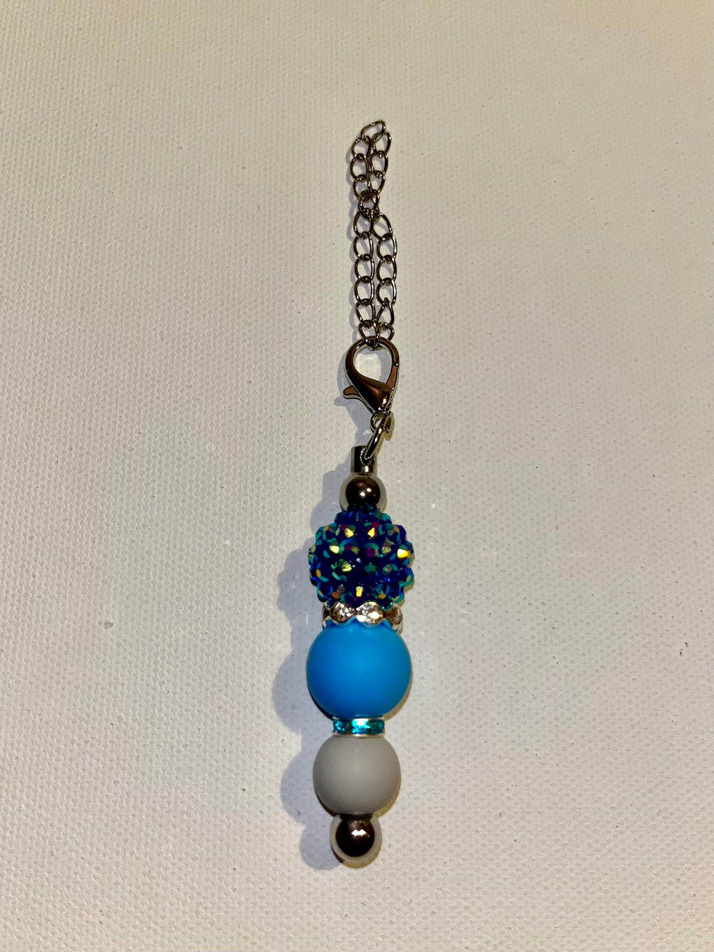 Silver Cup Charm w/Iridescent Blue Pavé Bead, White & Teal Rhinestone Accents
