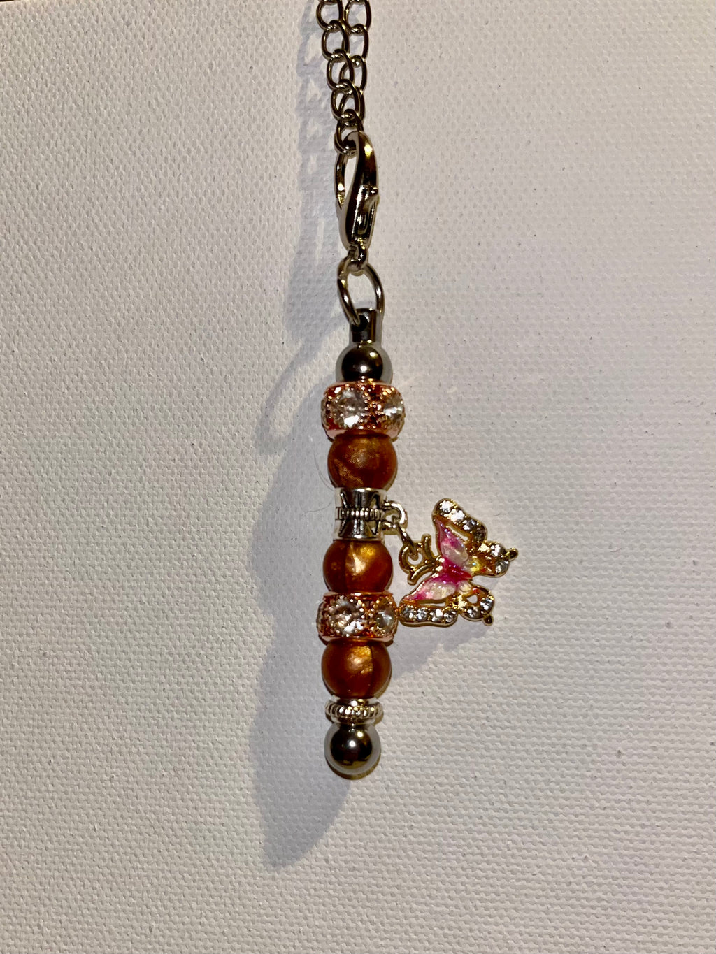Pink Butterfly Embellished Cup Charm w/Copper & Rose Gold Rhinestone Accents