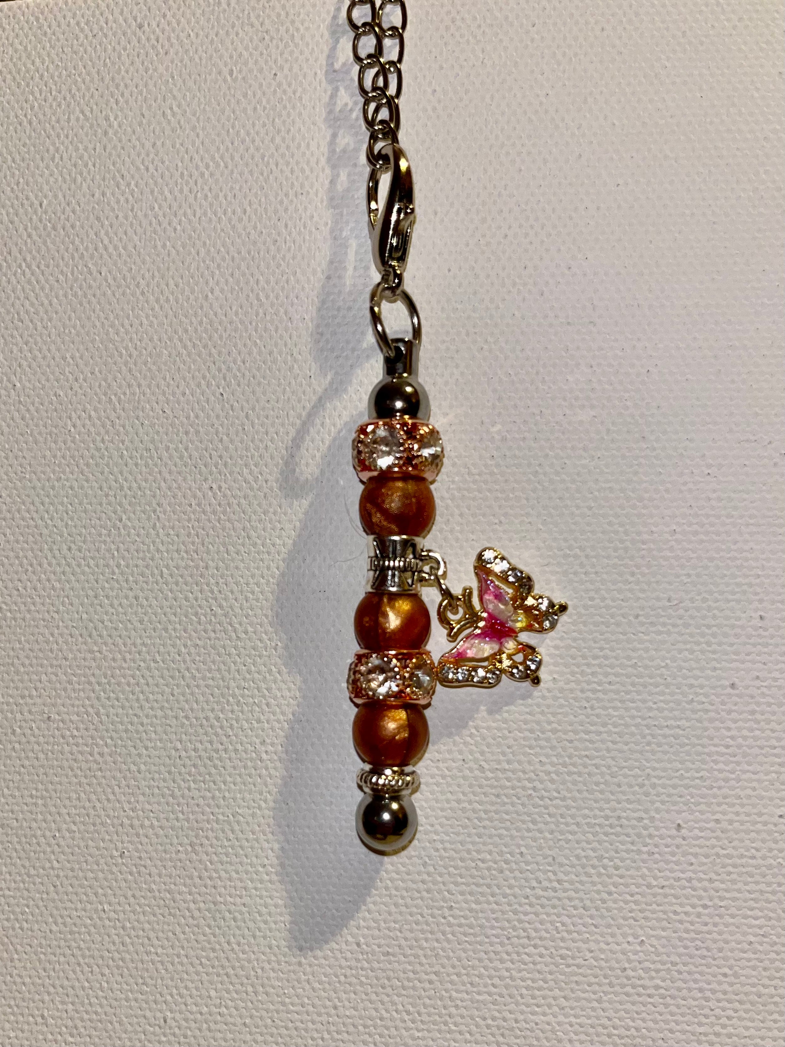 Pink Butterfly Embellished Cup Charm w/Copper & Rose Gold Rhinestone Accents