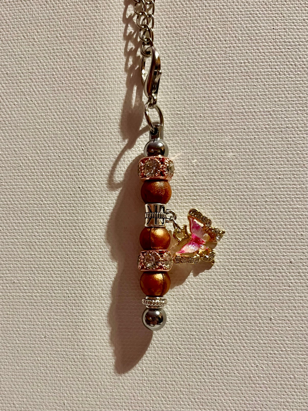 Pink Butterfly Embellished Cup Charm w/Copper & Rose Gold Rhinestone Accents