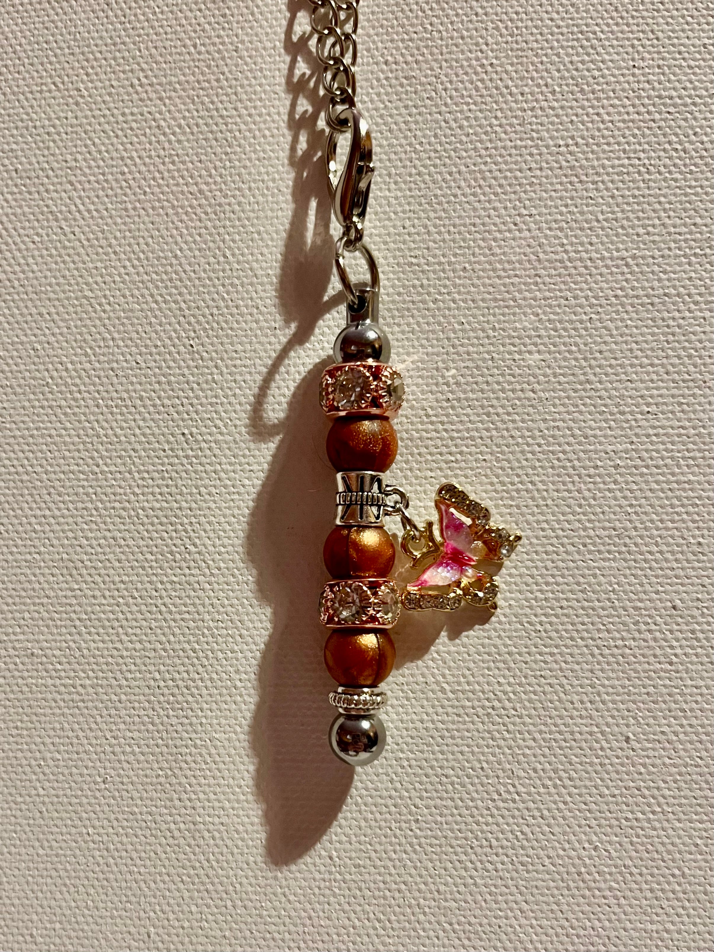 Pink Butterfly Embellished Cup Charm w/Copper & Rose Gold Rhinestone Accents