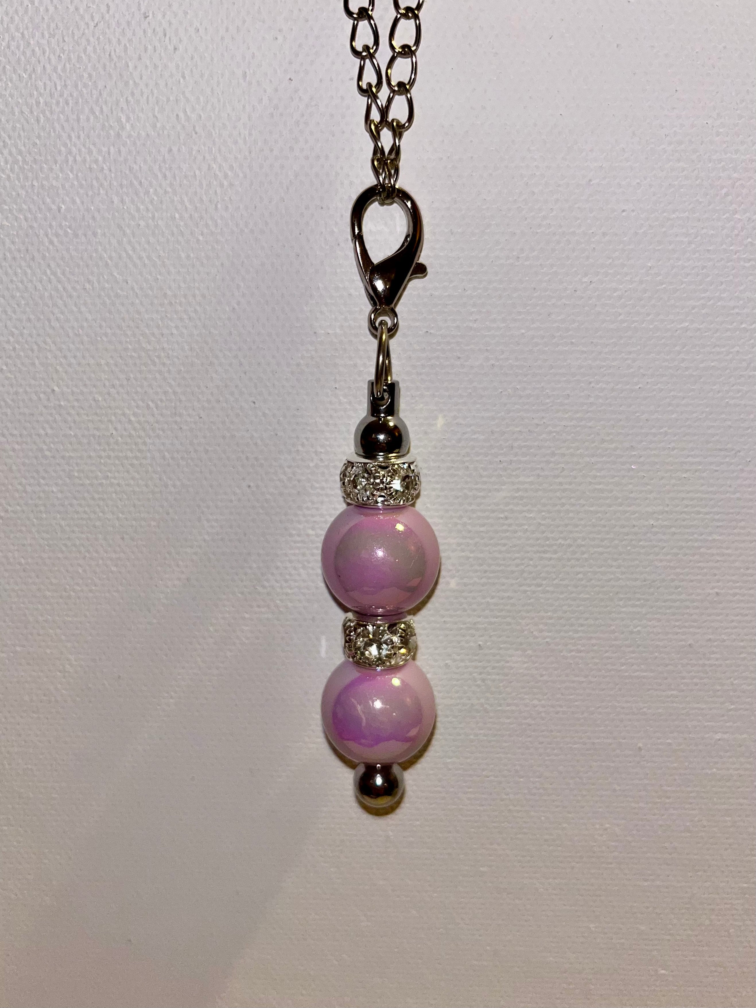 Delicate Iridescent Purple Bead Drop Cup Pendant w/Gold & Rhinestone Accents