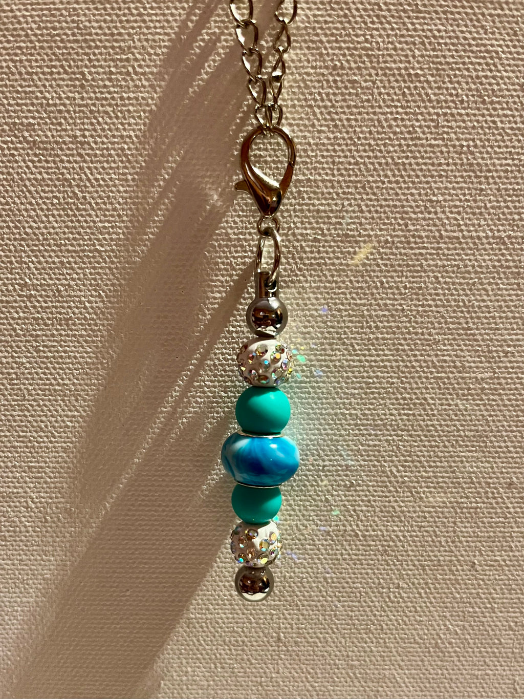 Turquoise & Aqua Beaded Cup Charm w/White Iridescent Rhinestone Accents