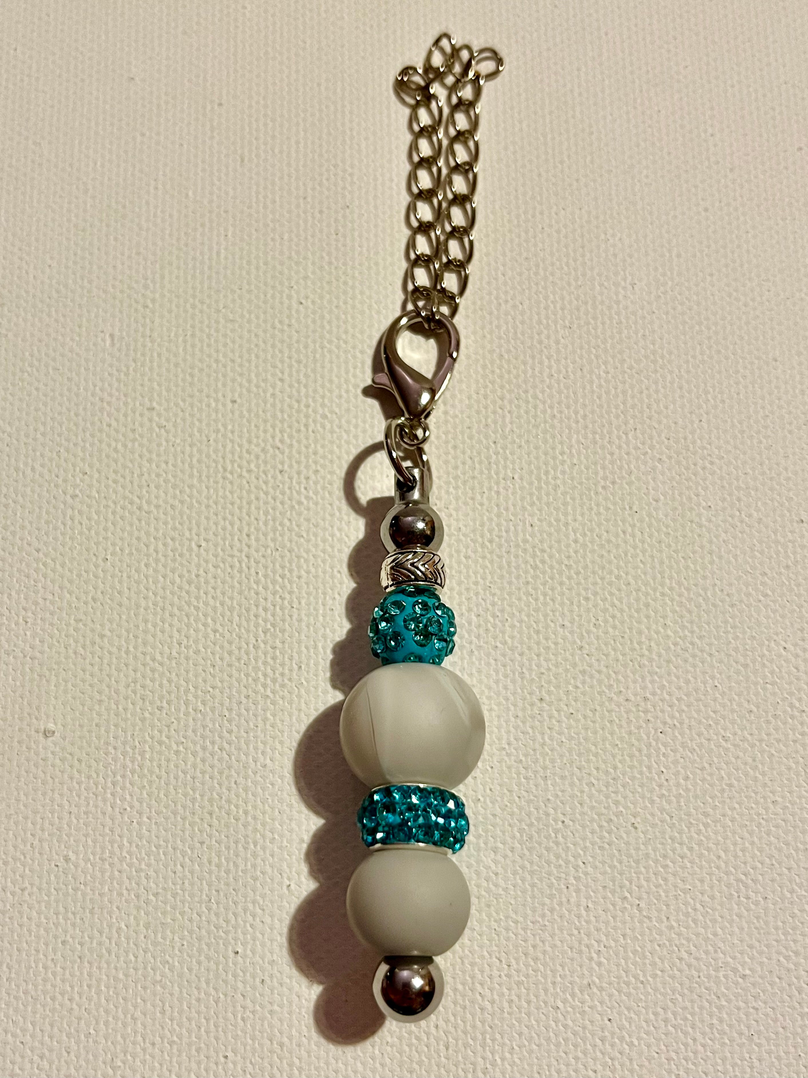 Silver-Tone Cup Charm w/Marbled Gray Bead & Turquoise Rhinestone-Accents