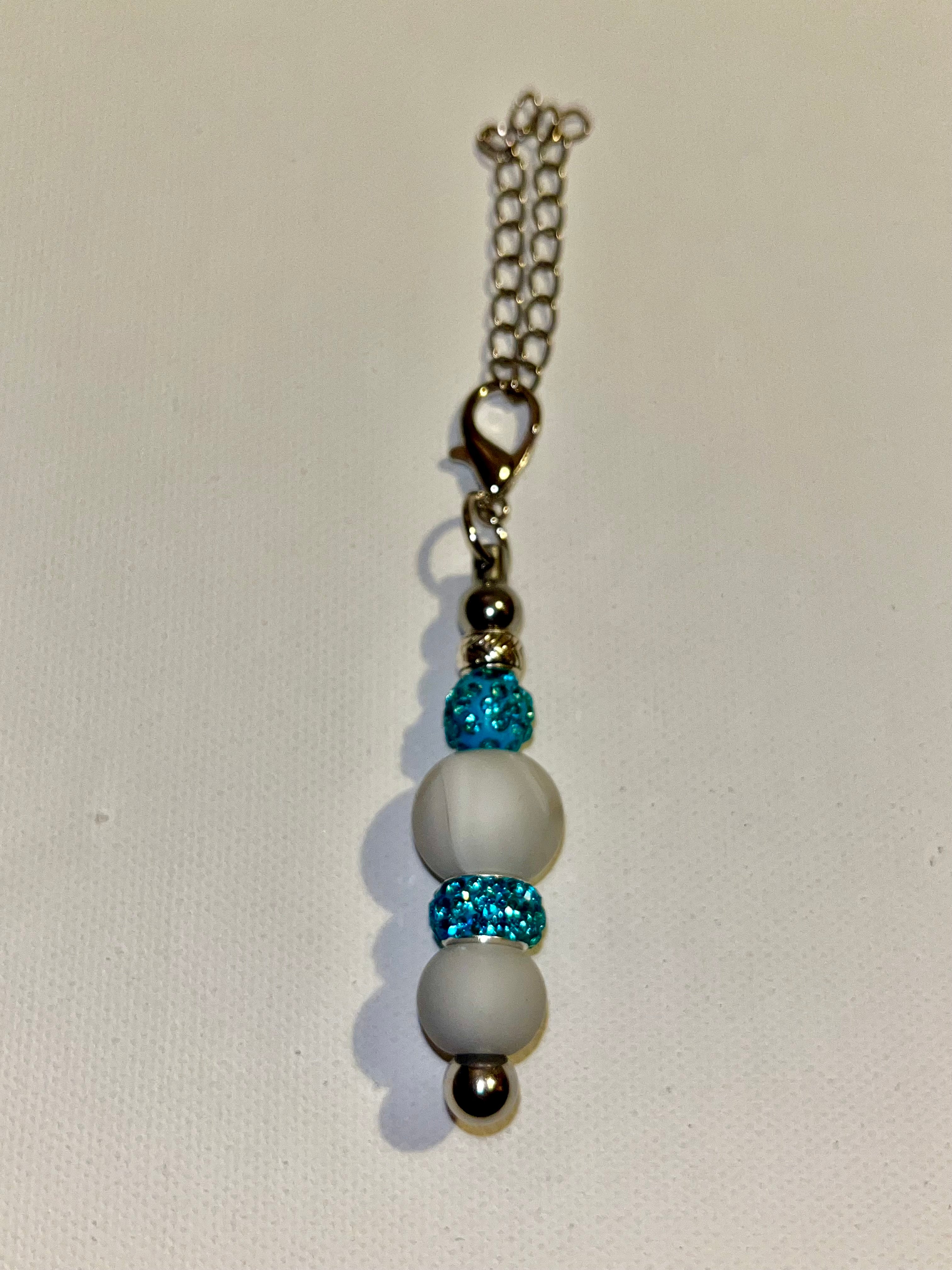 Silver-Tone Cup Charm w/Marbled Gray Bead & Turquoise Rhinestone-Accents