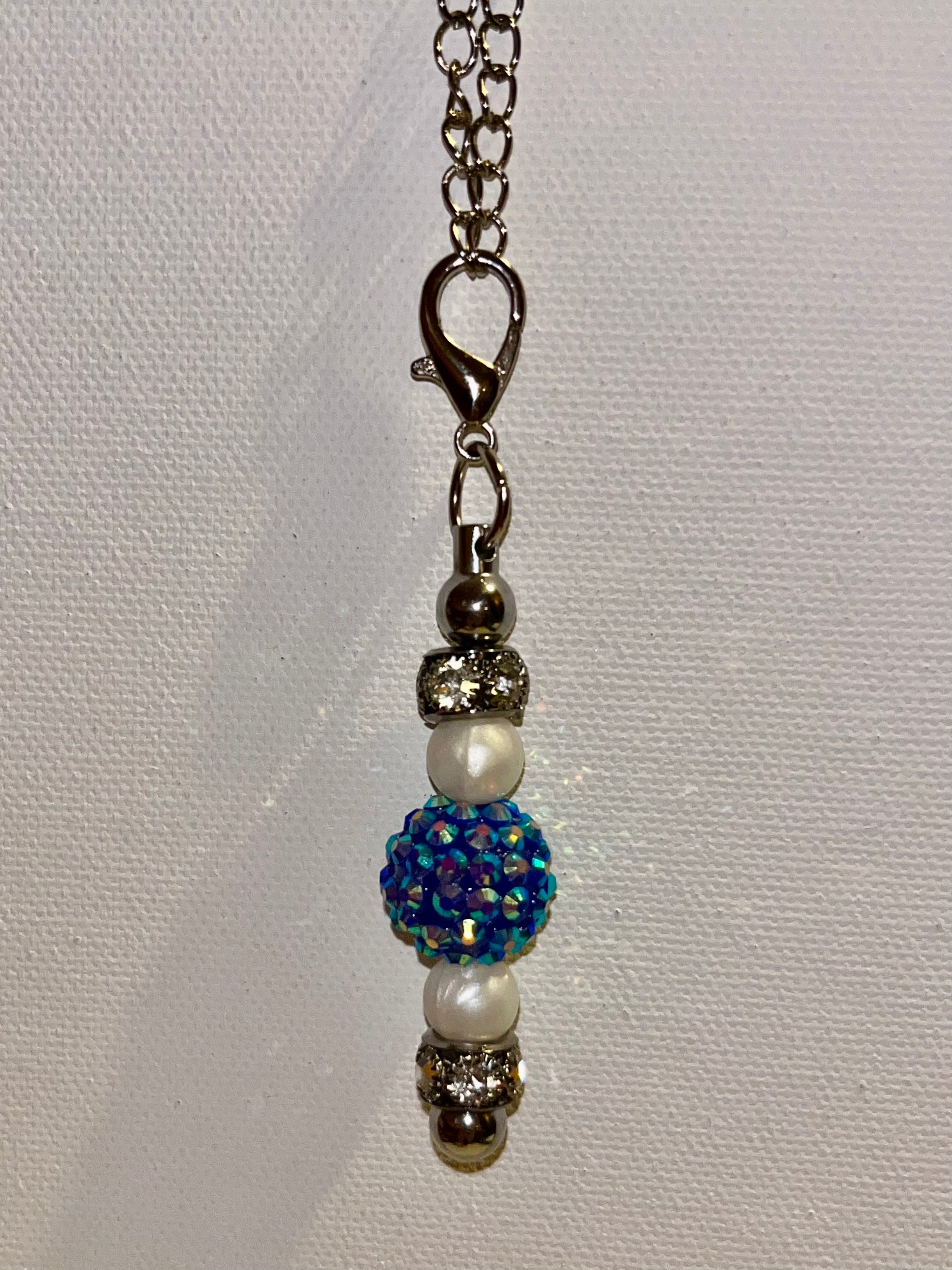 Silver-tone Cup Charm Iridescent Blue Pavé Bead w/Pearl & Rhinestone Accents