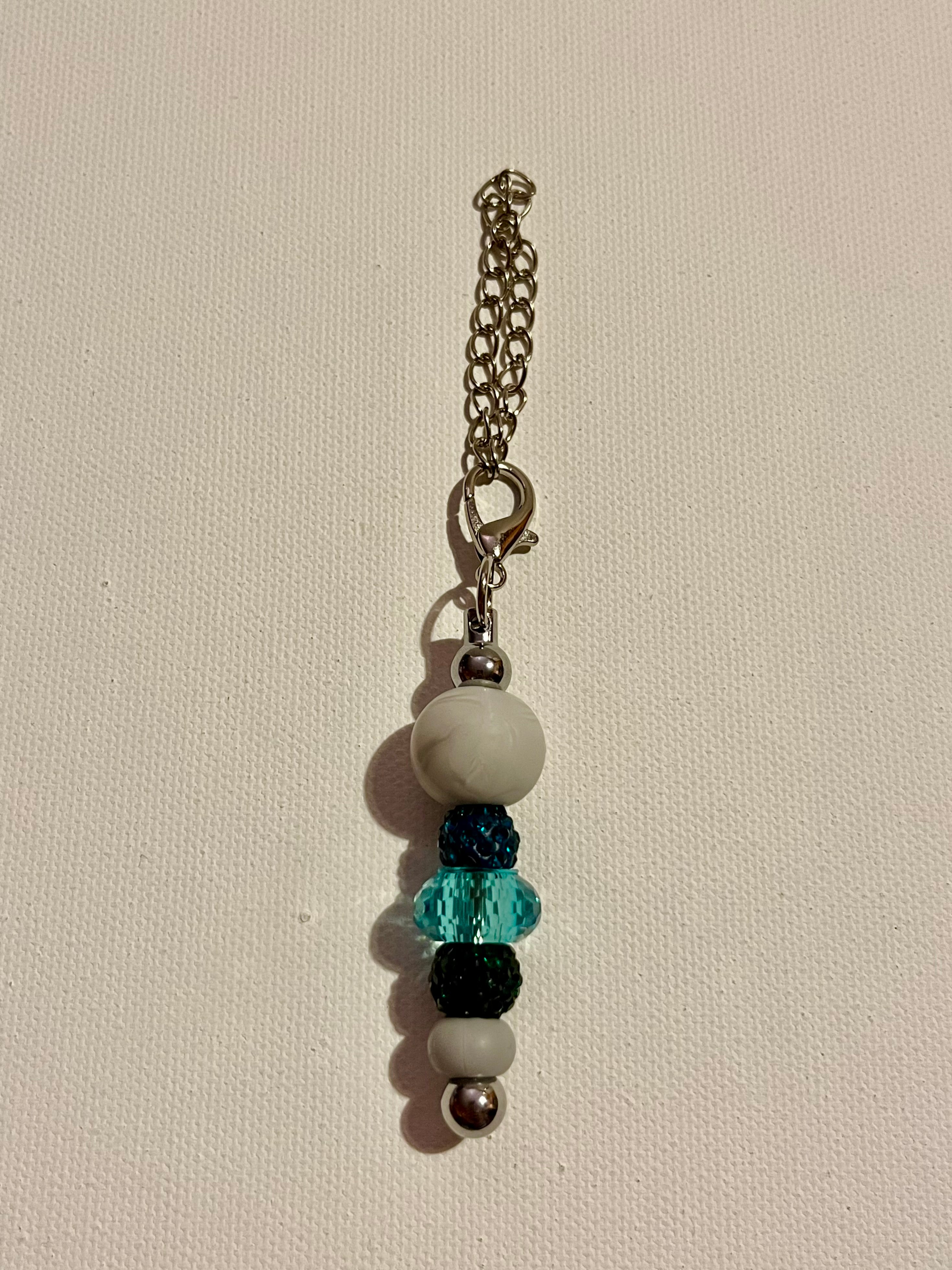 Silver-tone Cup Charm w/Marbled Gray Beads, Turquoise Glass & Rhinestone-Accents