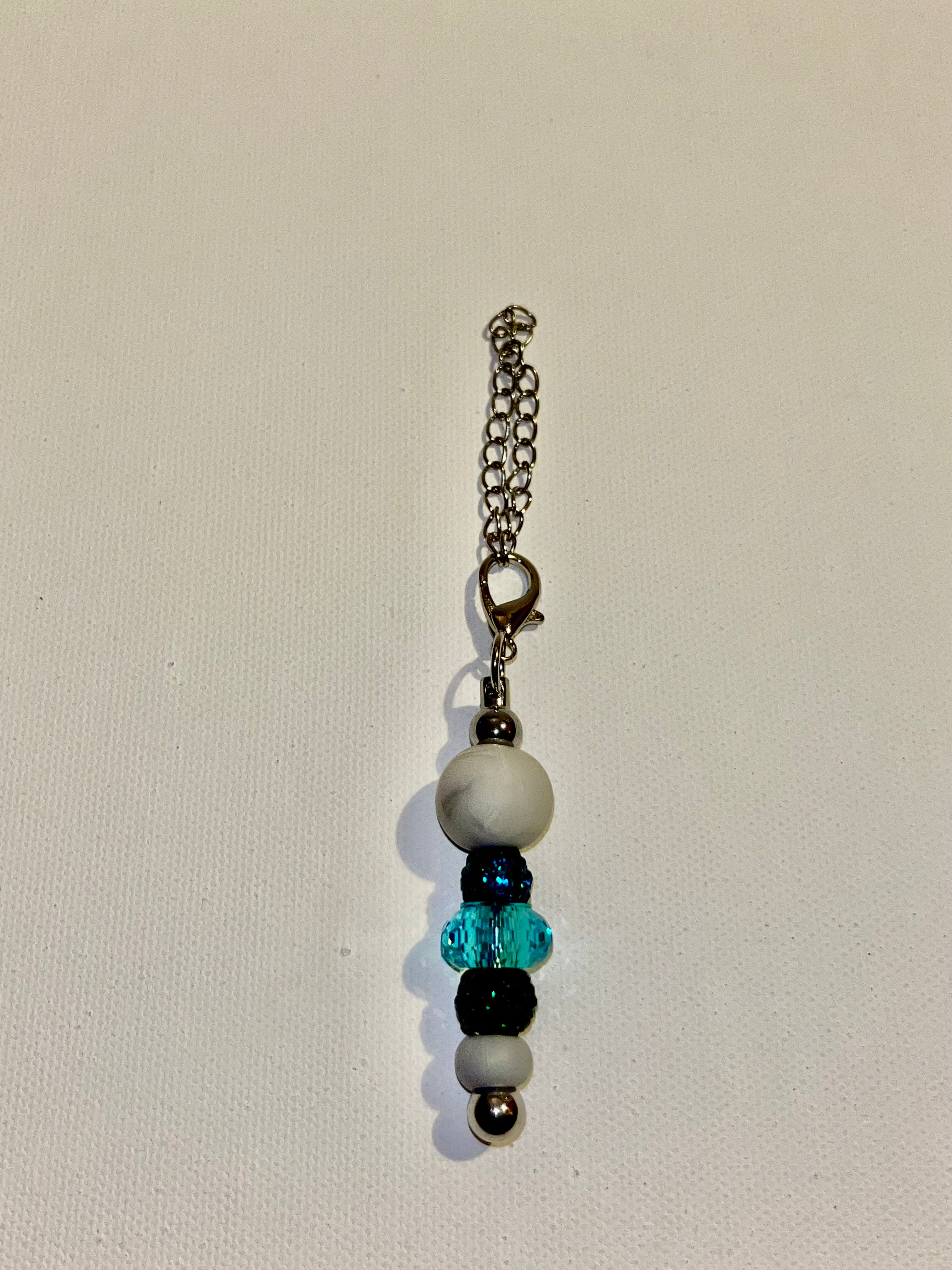 Silver-tone Cup Charm w/Marbled Gray Beads, Turquoise Glass & Rhinestone-Accents