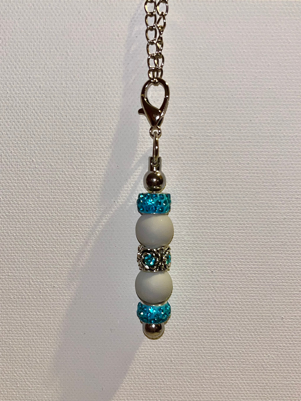 Elegant Silver-tone Cup Charm w/Turquoise Rhinestone, Matte Gray Bead Accents