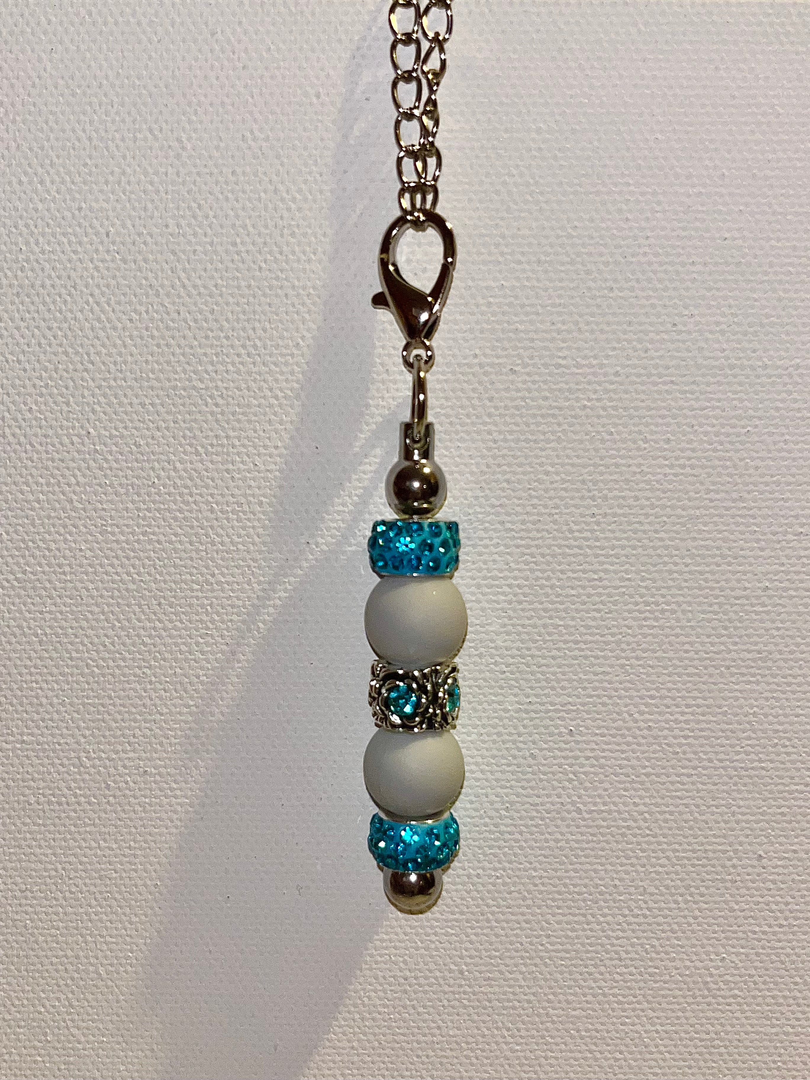 Elegant Silver-tone Cup Charm w/Turquoise Rhinestone, Matte Gray Bead Accents