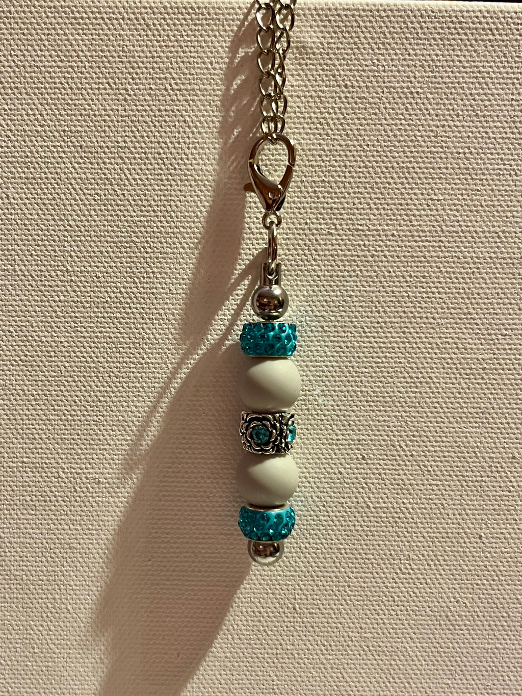 Elegant Silver-tone Cup Charm w/Turquoise Rhinestone, Matte Gray Bead Accents