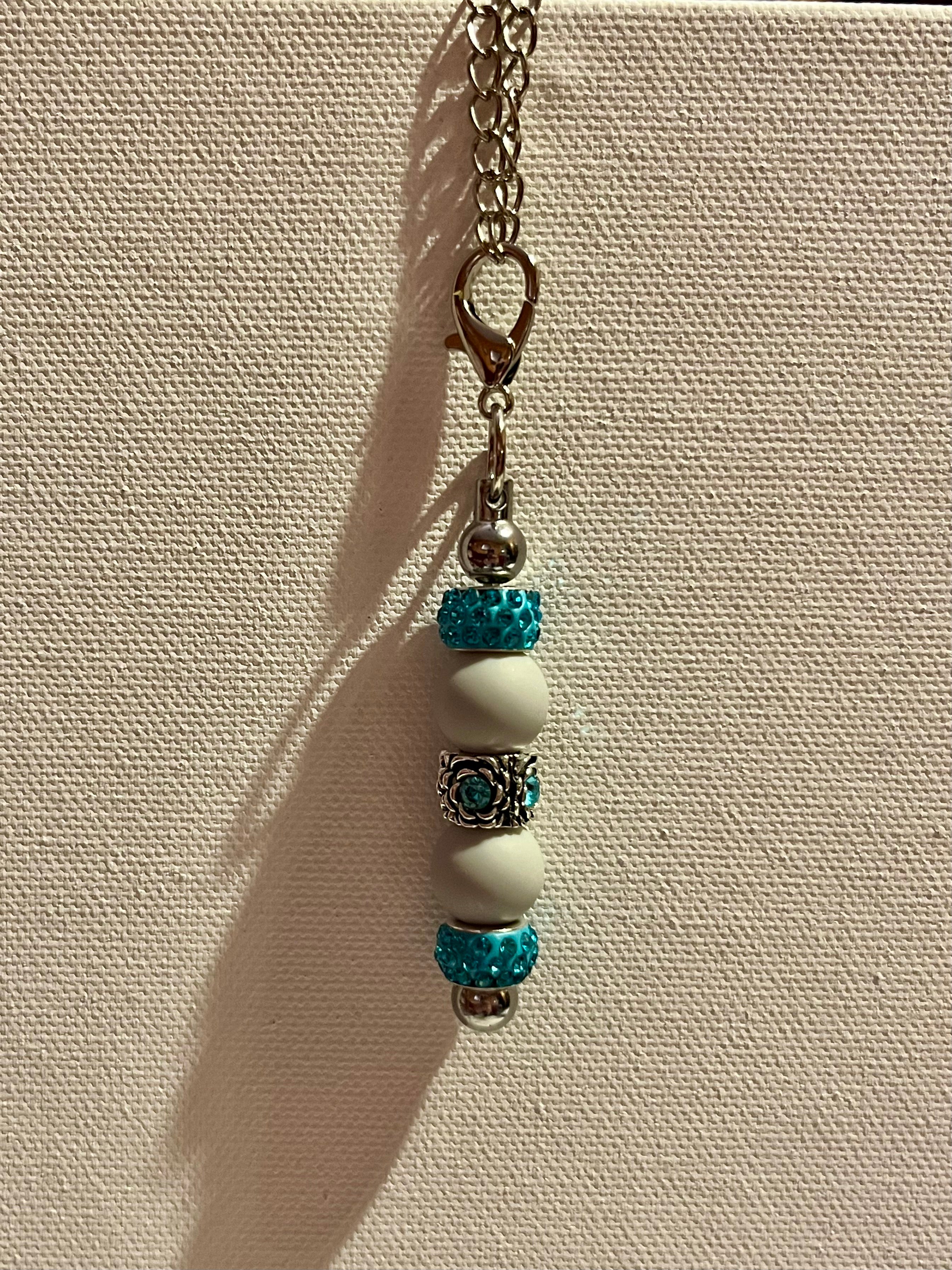 Elegant Silver-tone Cup Charm w/Turquoise Rhinestone, Matte Gray Bead Accents