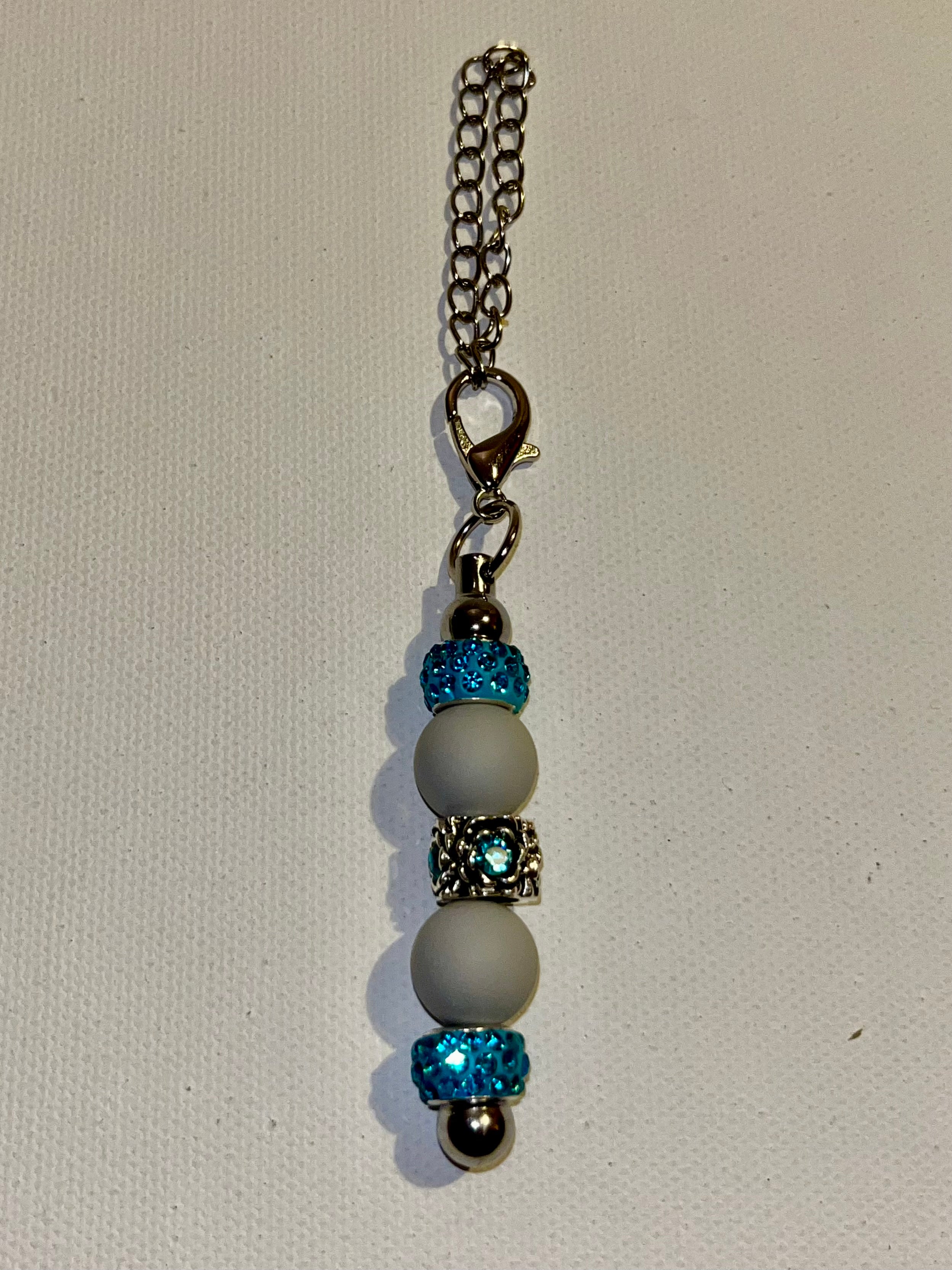 Elegant Silver-tone Cup Charm w/Turquoise Rhinestone, Matte Gray Bead Accents