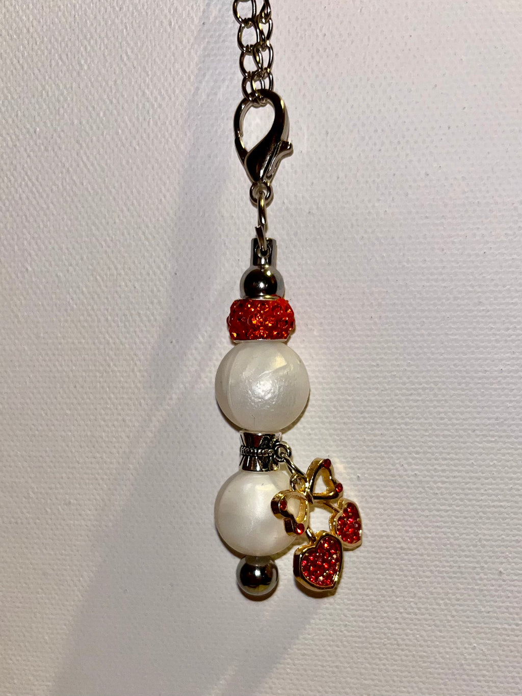 Silver Cup Charm w/White Pearly Beads & Red Rhinestone-Accented Bow w/Hearts