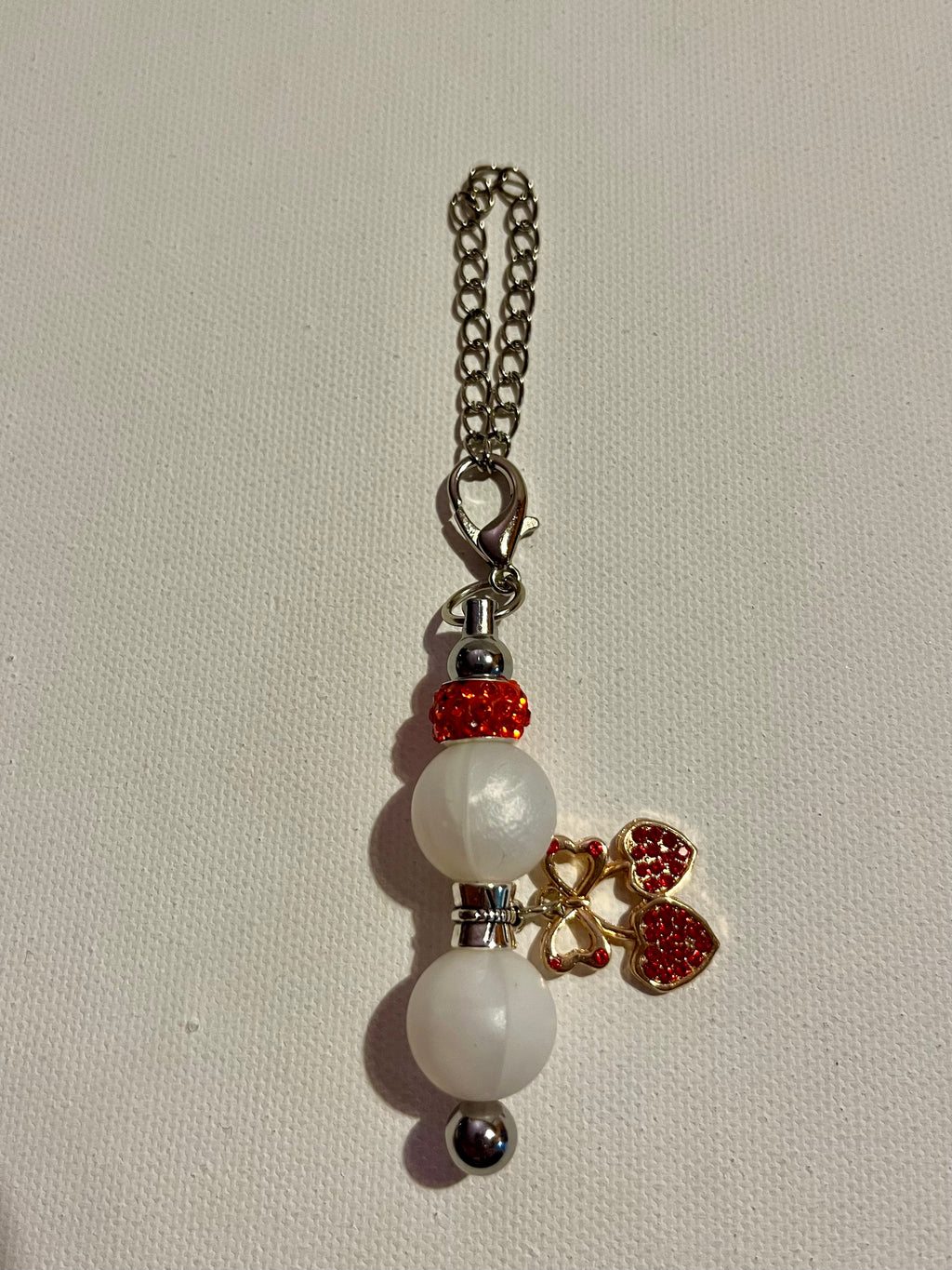 Silver Cup Charm w/White Pearly Beads & Red Rhinestone-Accented Bow w/Hearts
