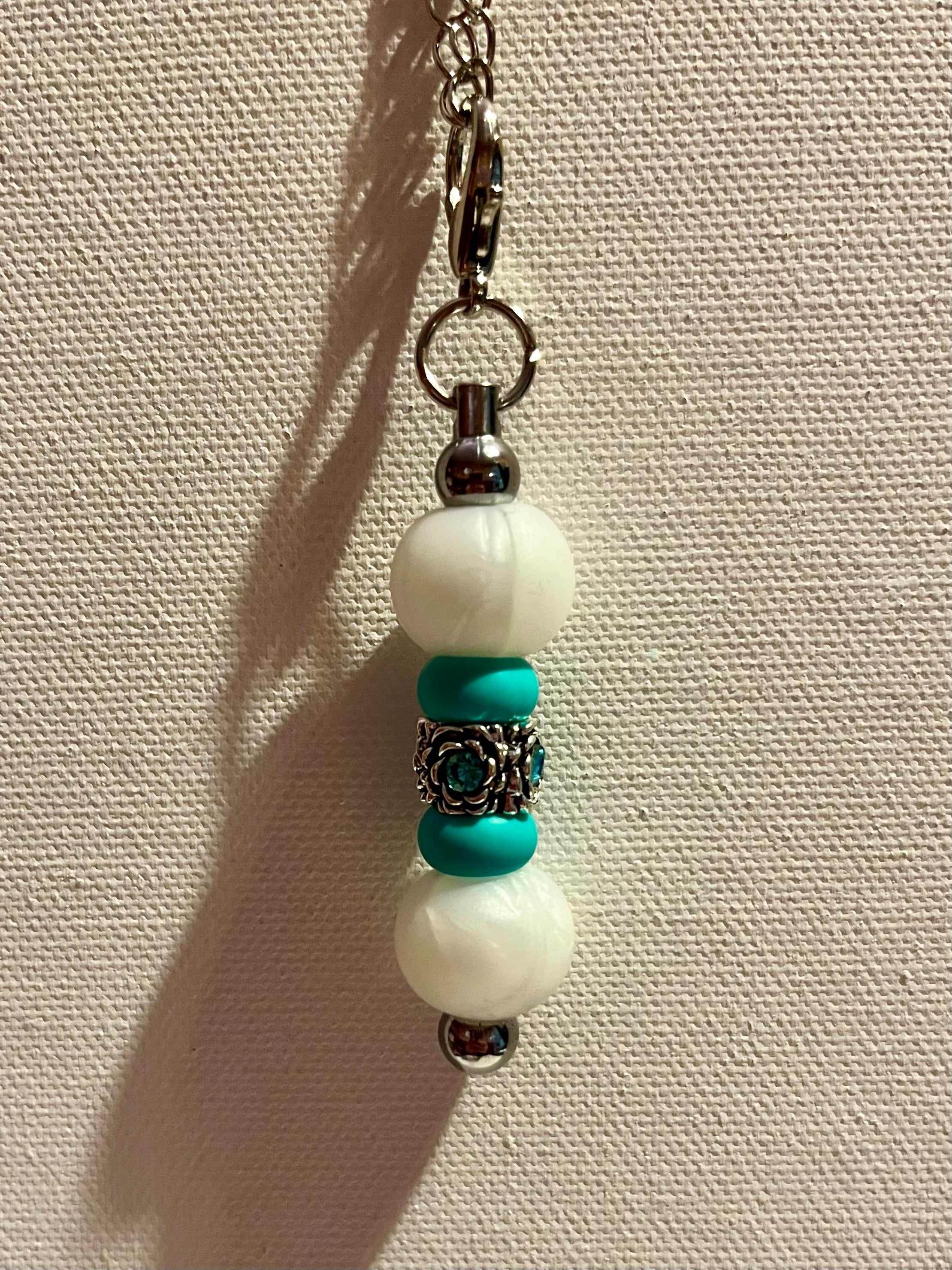 Silver-Tone Pearl & Turquoise Beaded Cup Charm w/Turquoise Rhinestone Accents