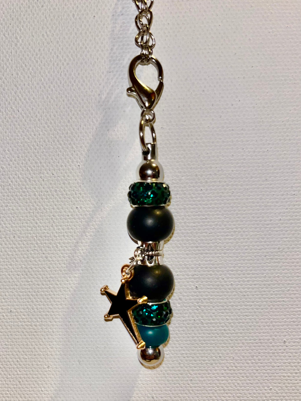 Silver-tone Cup Charm w/Black & Green Beads & Green Rhinestone Accents