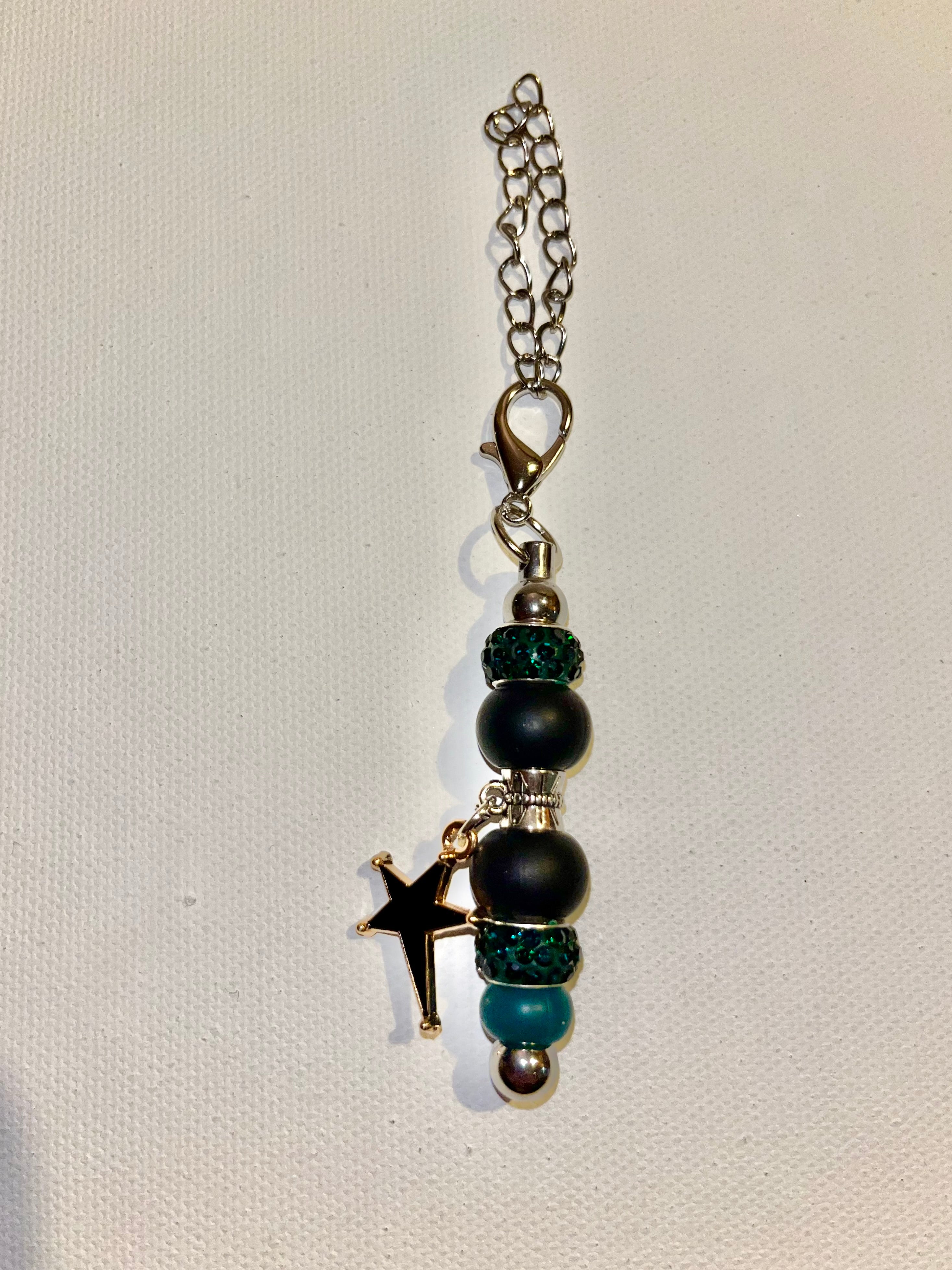 Silver-tone Cup Charm w/Black & Green Beads & Green Rhinestone Accents