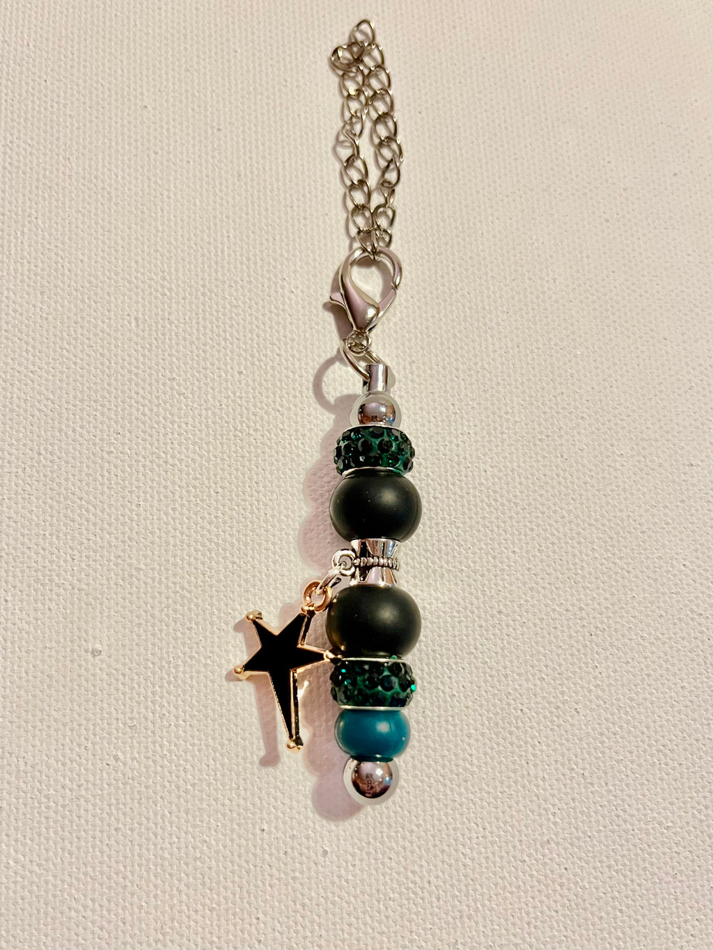 Silver-tone Cup Charm w/Black & Green Beads & Green Rhinestone Accents