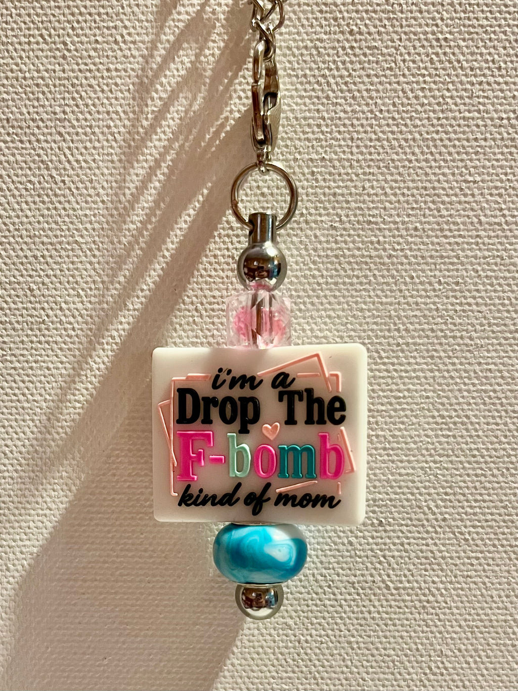 ‘I'm a Drop The F-bomb Kind of Mom’ Pink Faceted & Blue Glass Bead Cup Charm