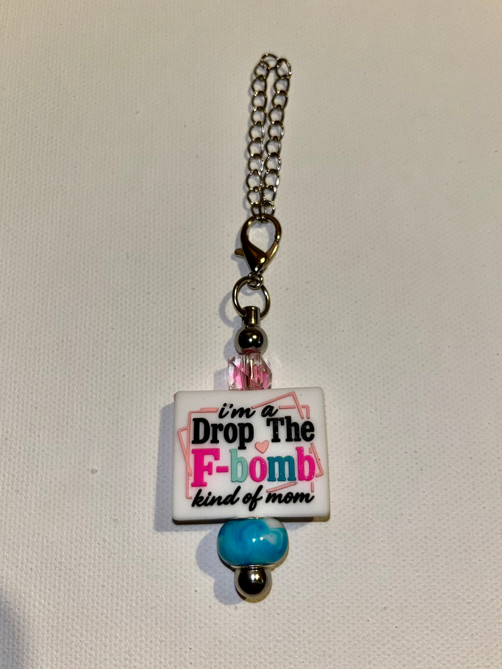 ‘I'm a Drop The F-bomb Kind of Mom’ Pink Faceted & Blue Glass Bead Cup Charm