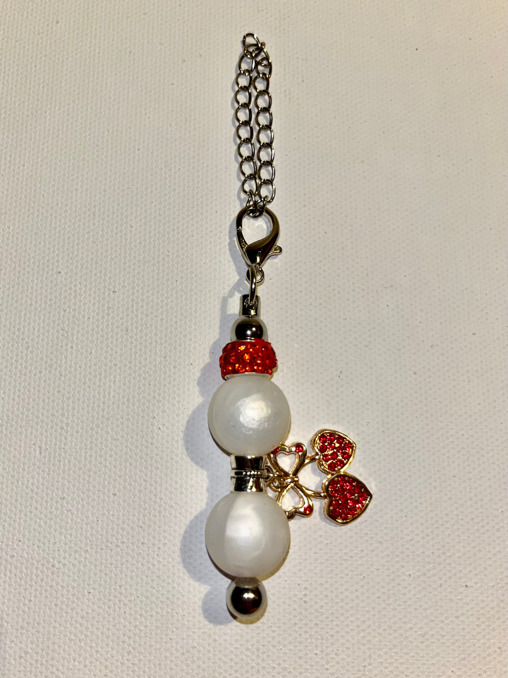 Silver Cup Charm w/White Pearly Beads & Red Rhinestone-Accented Bow w/Hearts