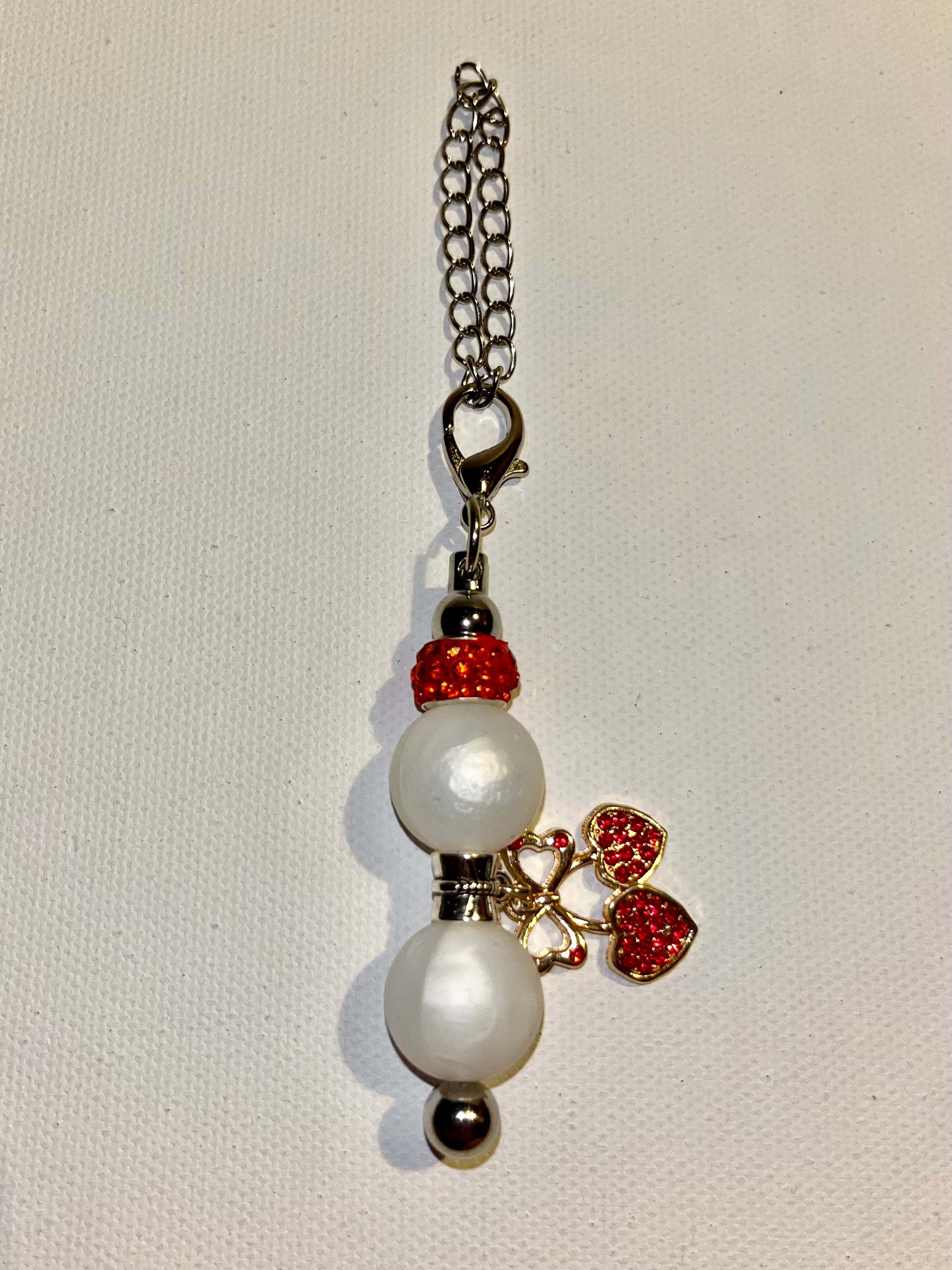 Silver Cup Charm w/White Pearly Beads & Red Rhinestone-Accented Bow w/Hearts