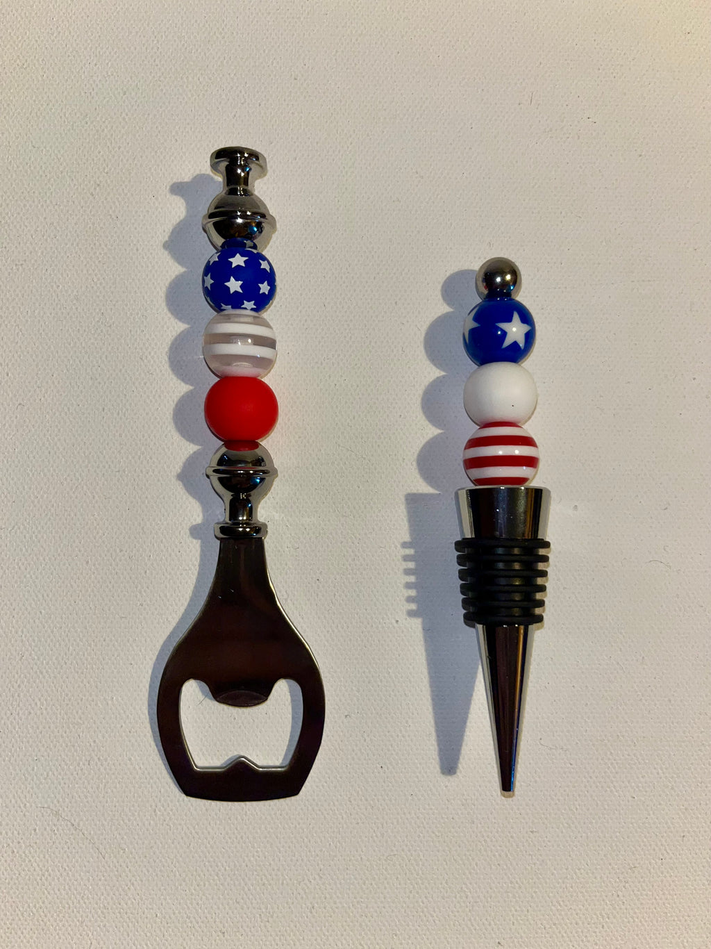Patriotic Red/White/Blue Flag-Themed Wine Stopper & Bottle Opener Set