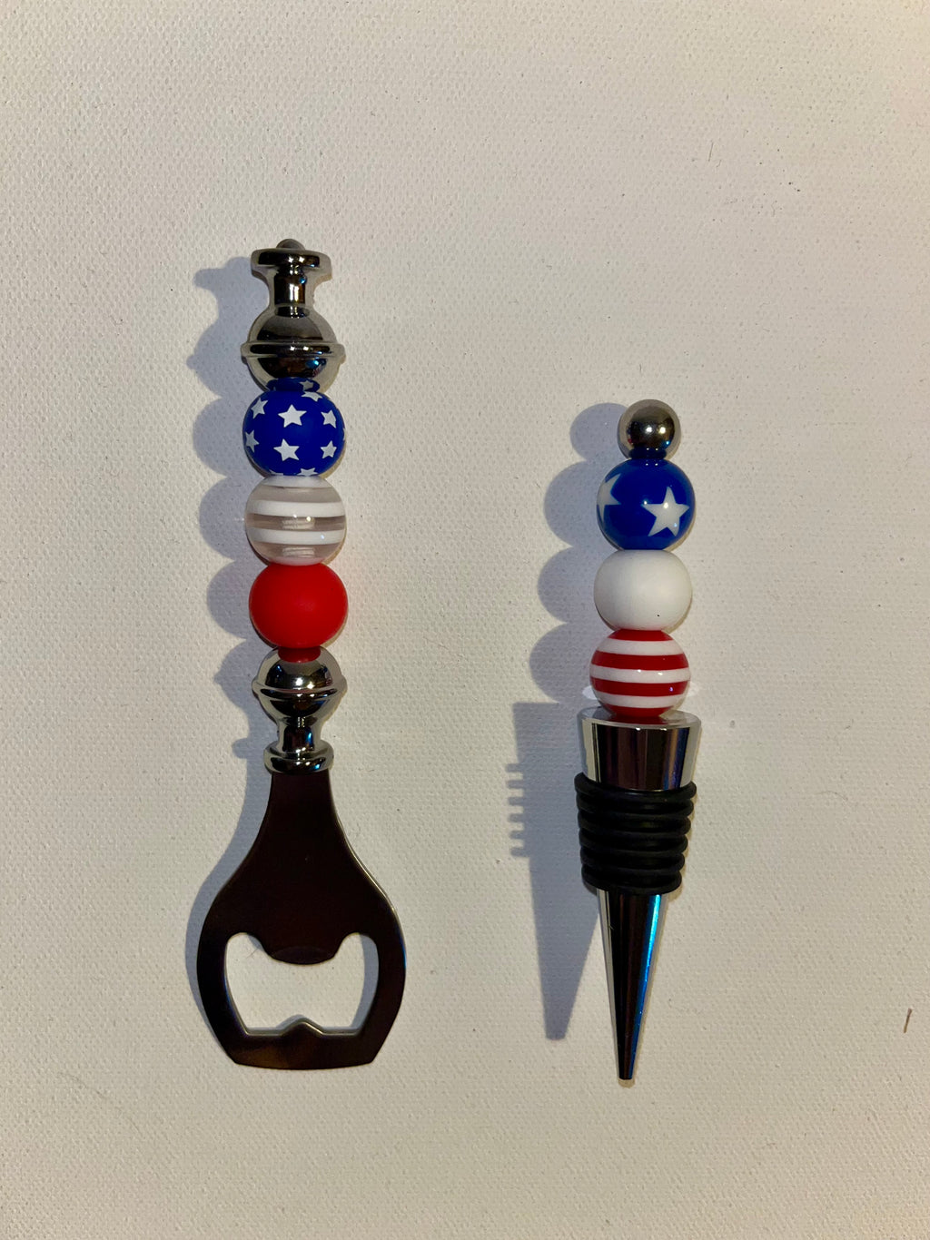 Patriotic Red/White/Blue Flag-Themed Wine Stopper & Bottle Opener Set