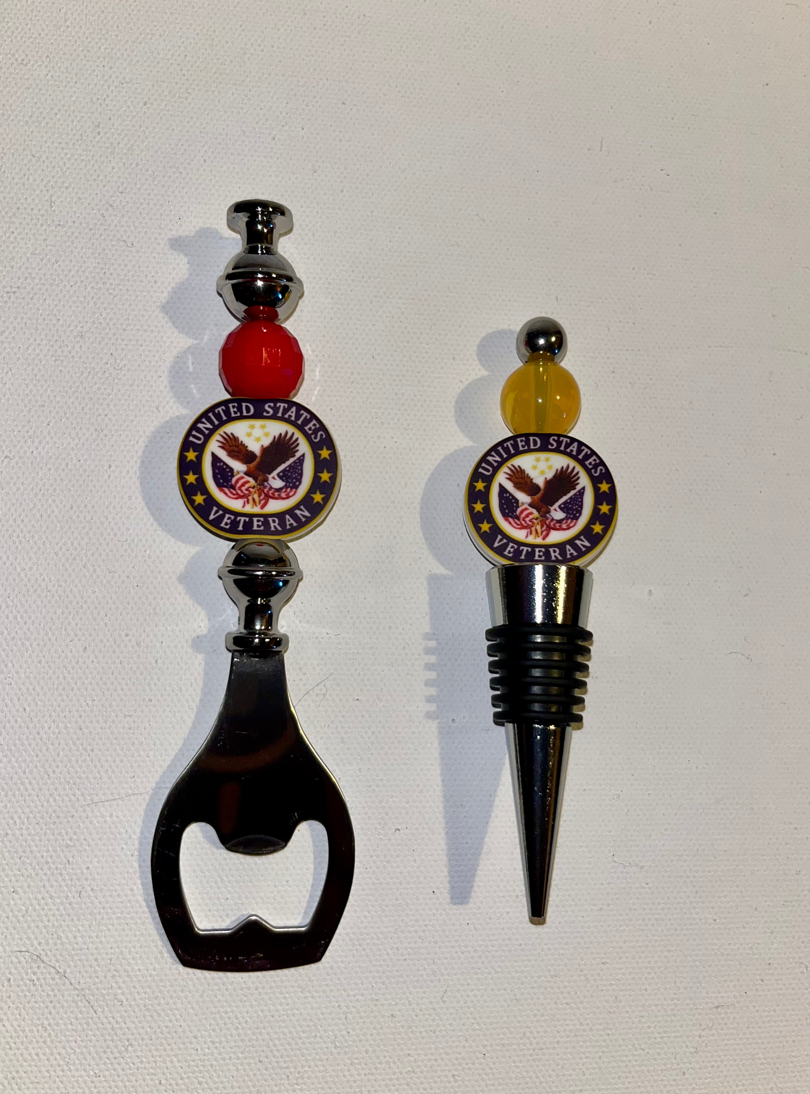 *SOLD* United States Veteran Red & Yellow Wine Bottle Stopper & Bottle Opener Set