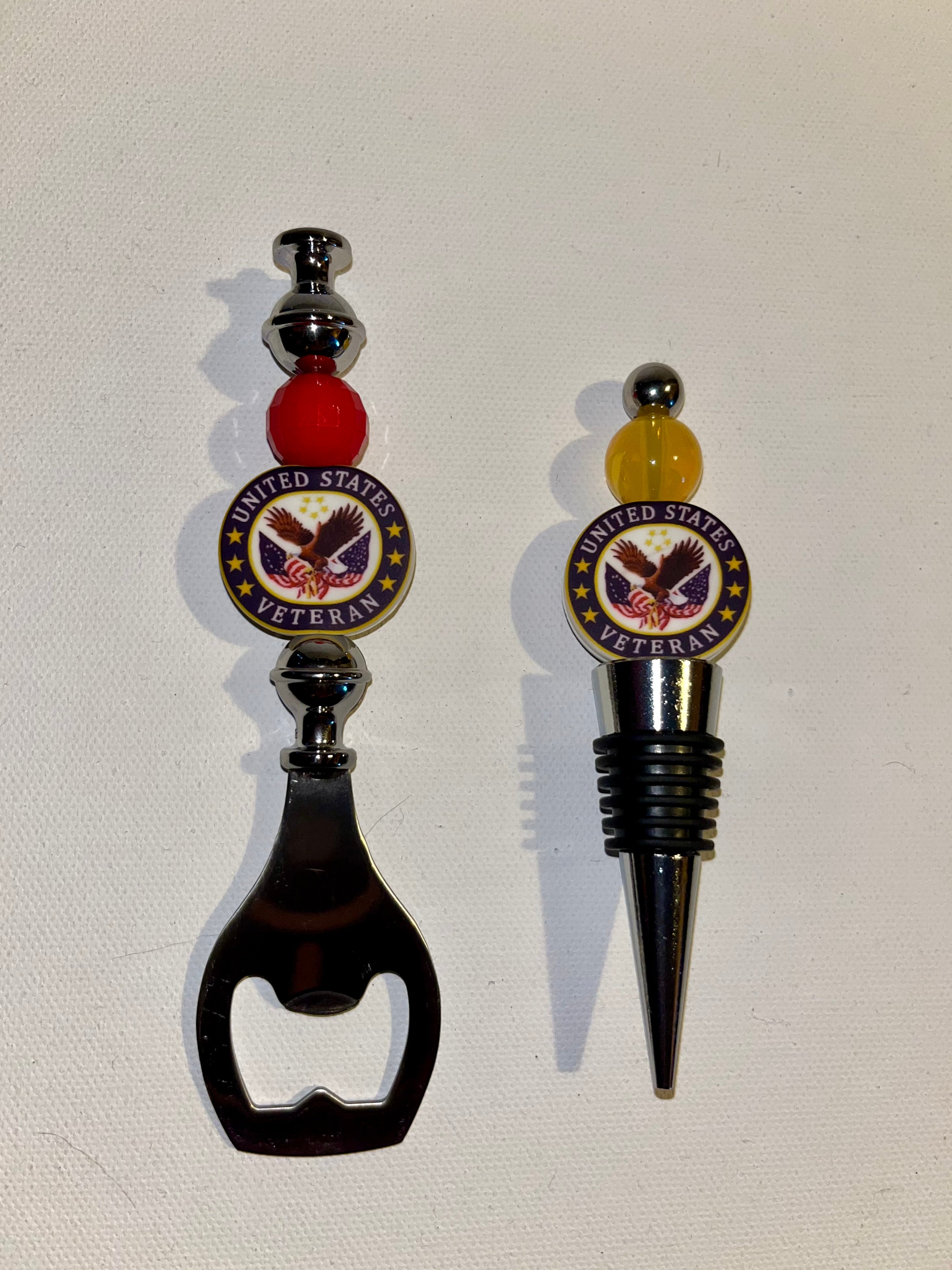 *SOLD* United States Veteran Red & Yellow Wine Bottle Stopper & Bottle Opener Set