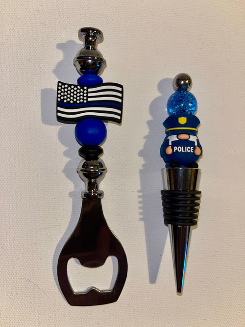 *SOLD* "Back the Blue" Police-Themed/Blue Line Wine Stopper and Bottle Opener Set