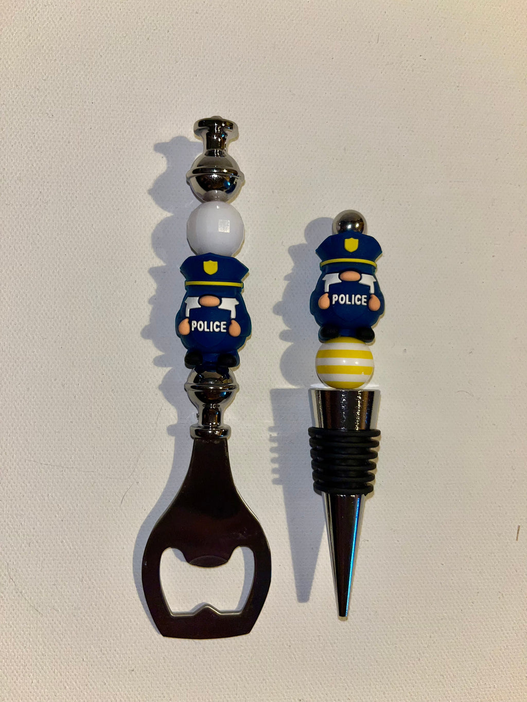 Police-Themed Bottle Opener & Wine Stopper Set w/Blue, Yellow, Black & Silver