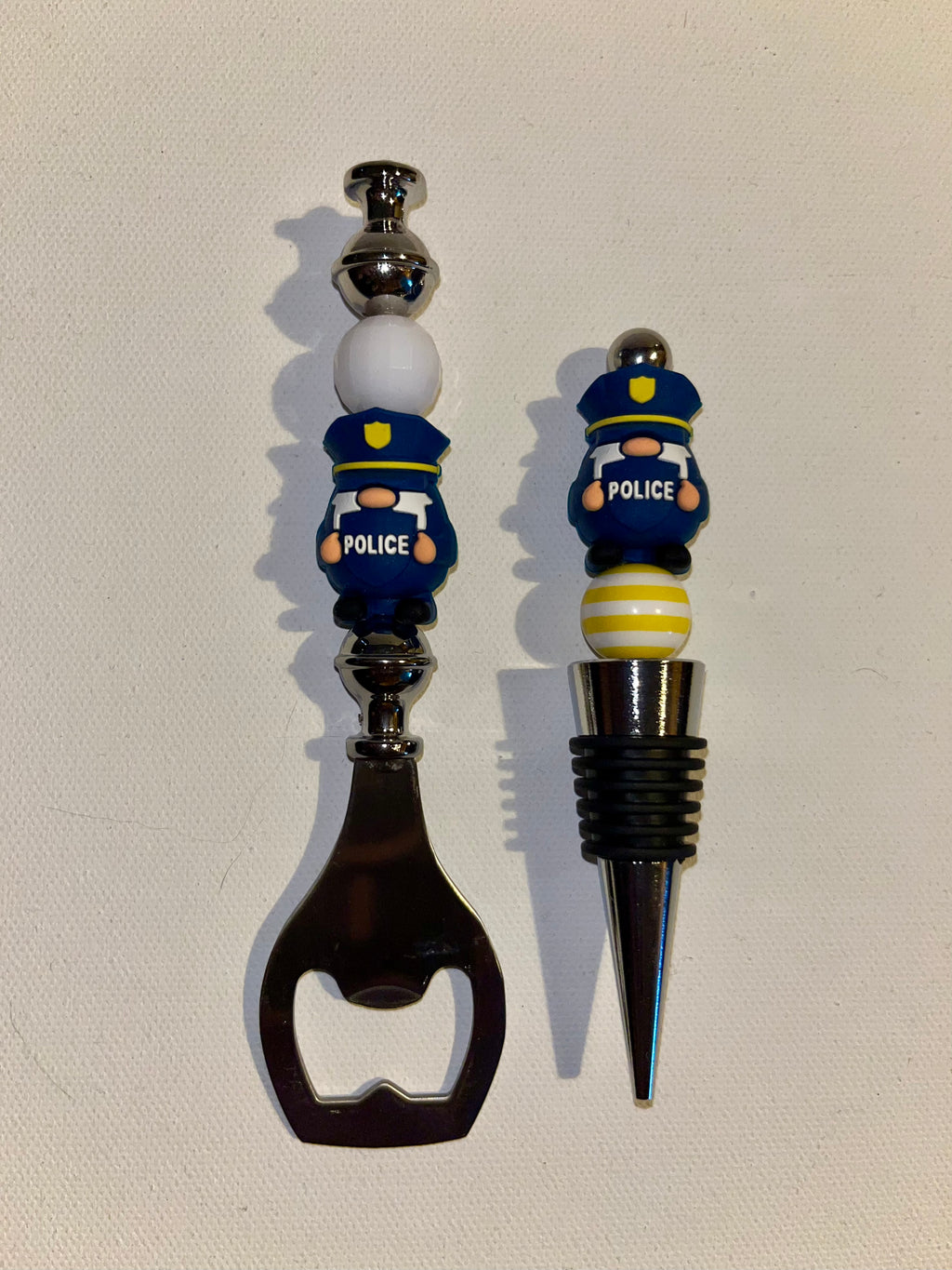 Police-Themed Bottle Opener & Wine Stopper Set w/Blue, Yellow, Black & Silver