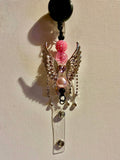 Pink Angel Wing Beaded Badge Reel w/Sparkly Pavé Bead, Crackle Bead & Pearl Bead