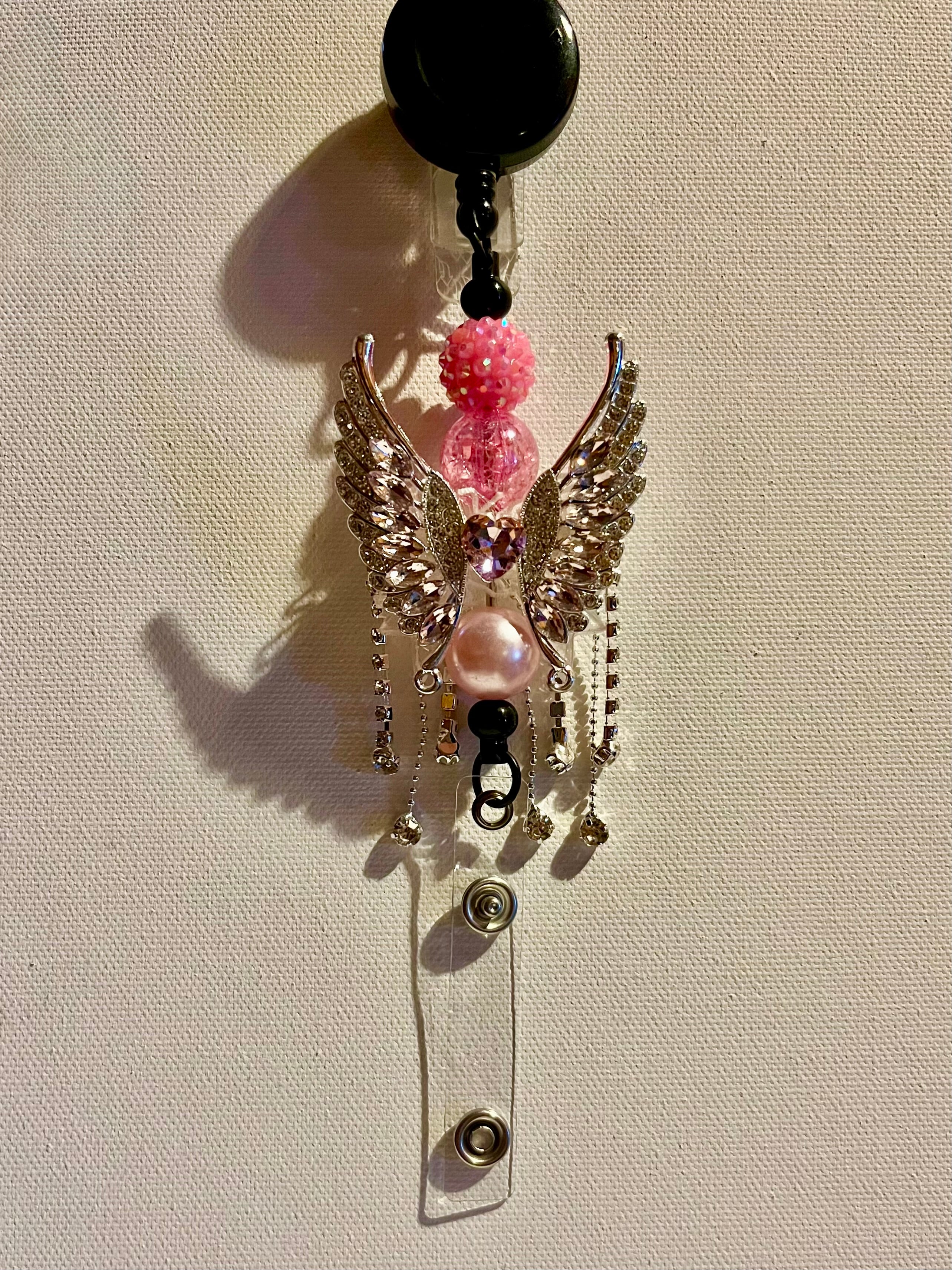 Pink Angel Wing Beaded Badge Reel w/Sparkly Pavé Bead, Crackle Bead & Pearl Bead