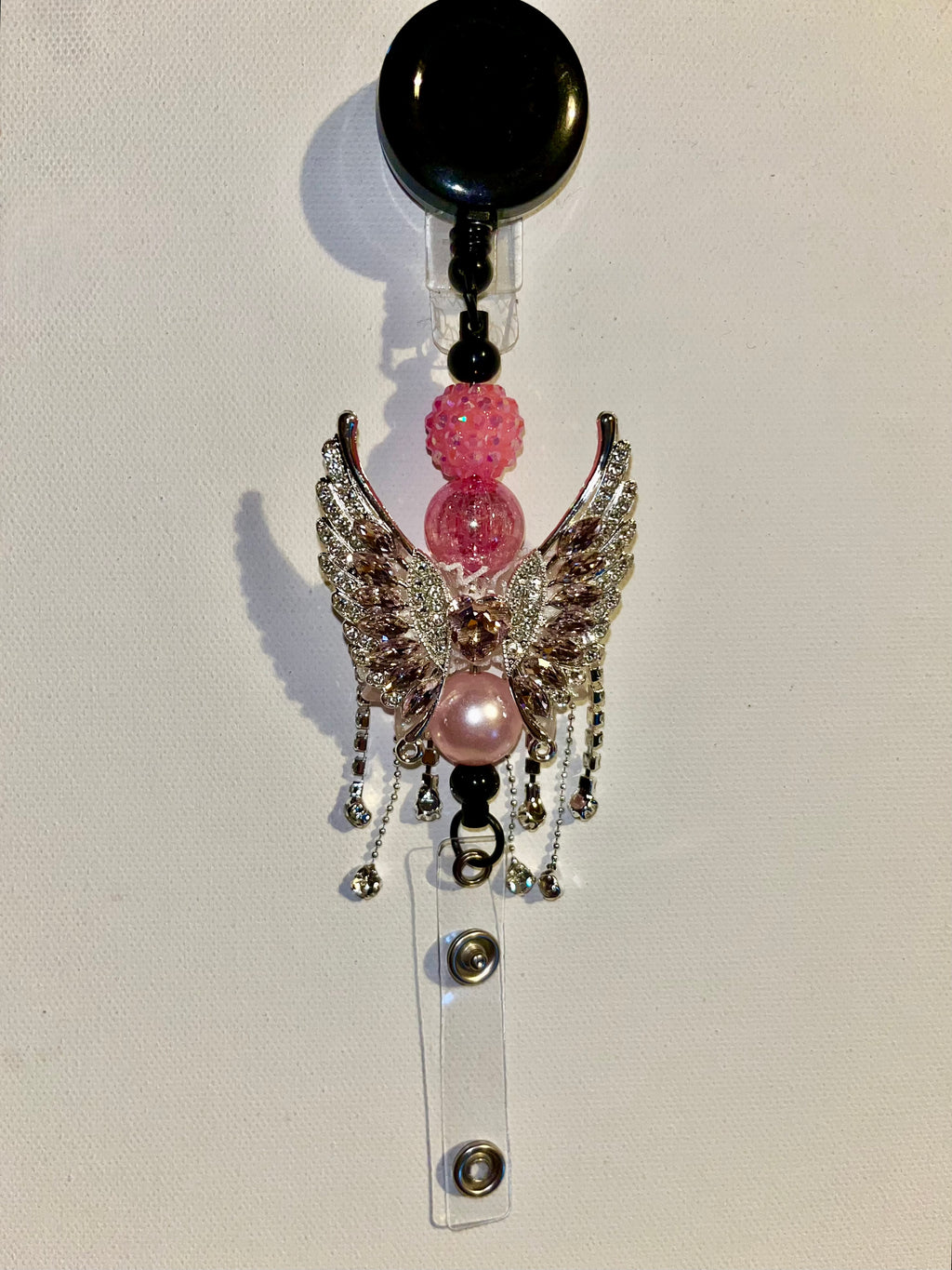 Pink Angel Wing Beaded Badge Reel w/Sparkly Pavé Bead, Crackle Bead & Pearl Bead