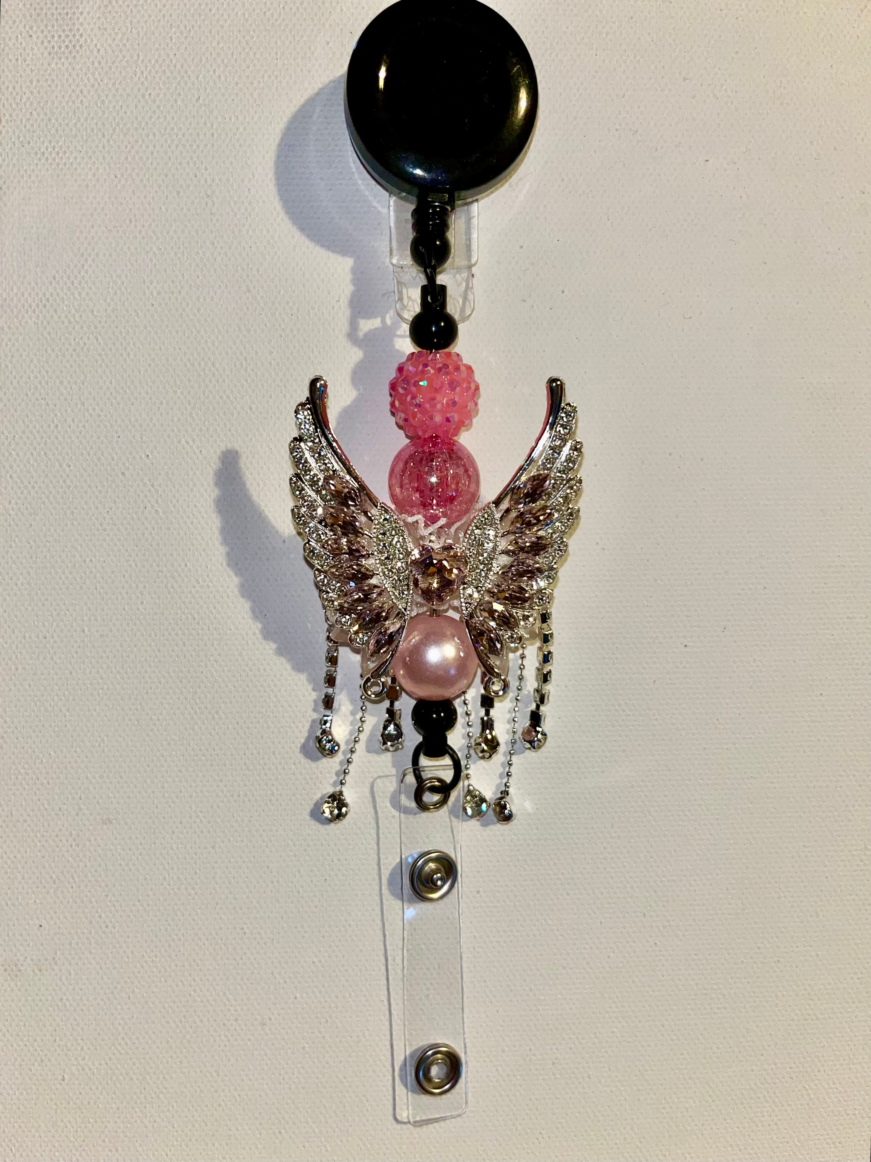 Pink Angel Wing Beaded Badge Reel w/Sparkly Pavé Bead, Crackle Bead & Pearl Bead